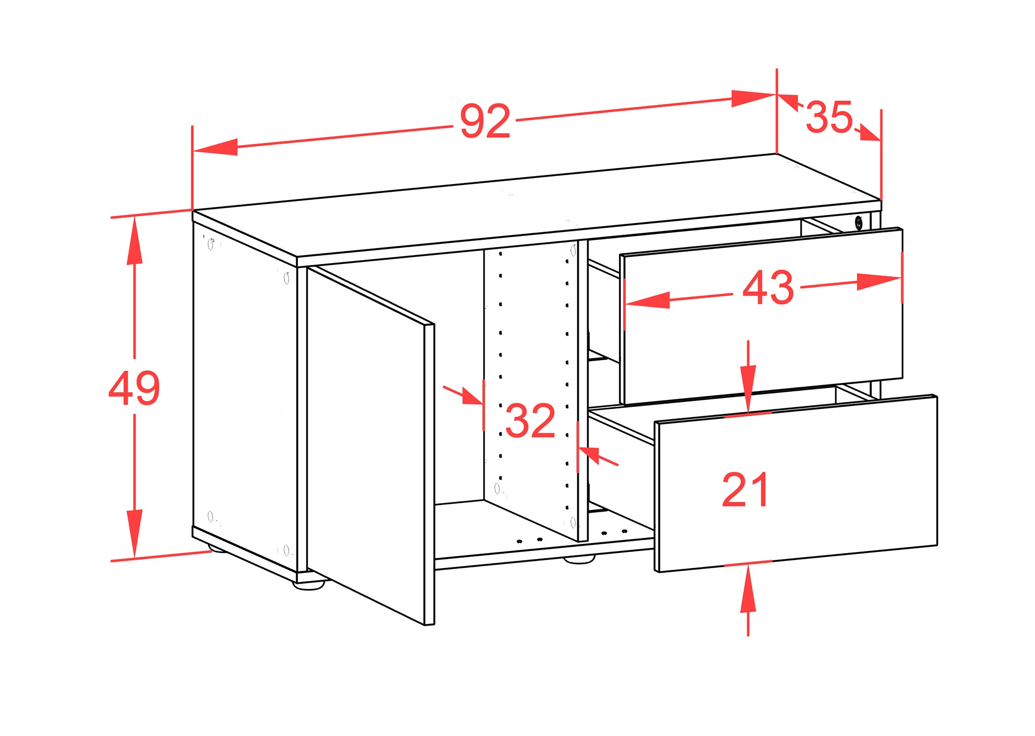 Lowboard - Adria - Design Holzdekor - Freistehend mit Push to Open 92 cm Weiss