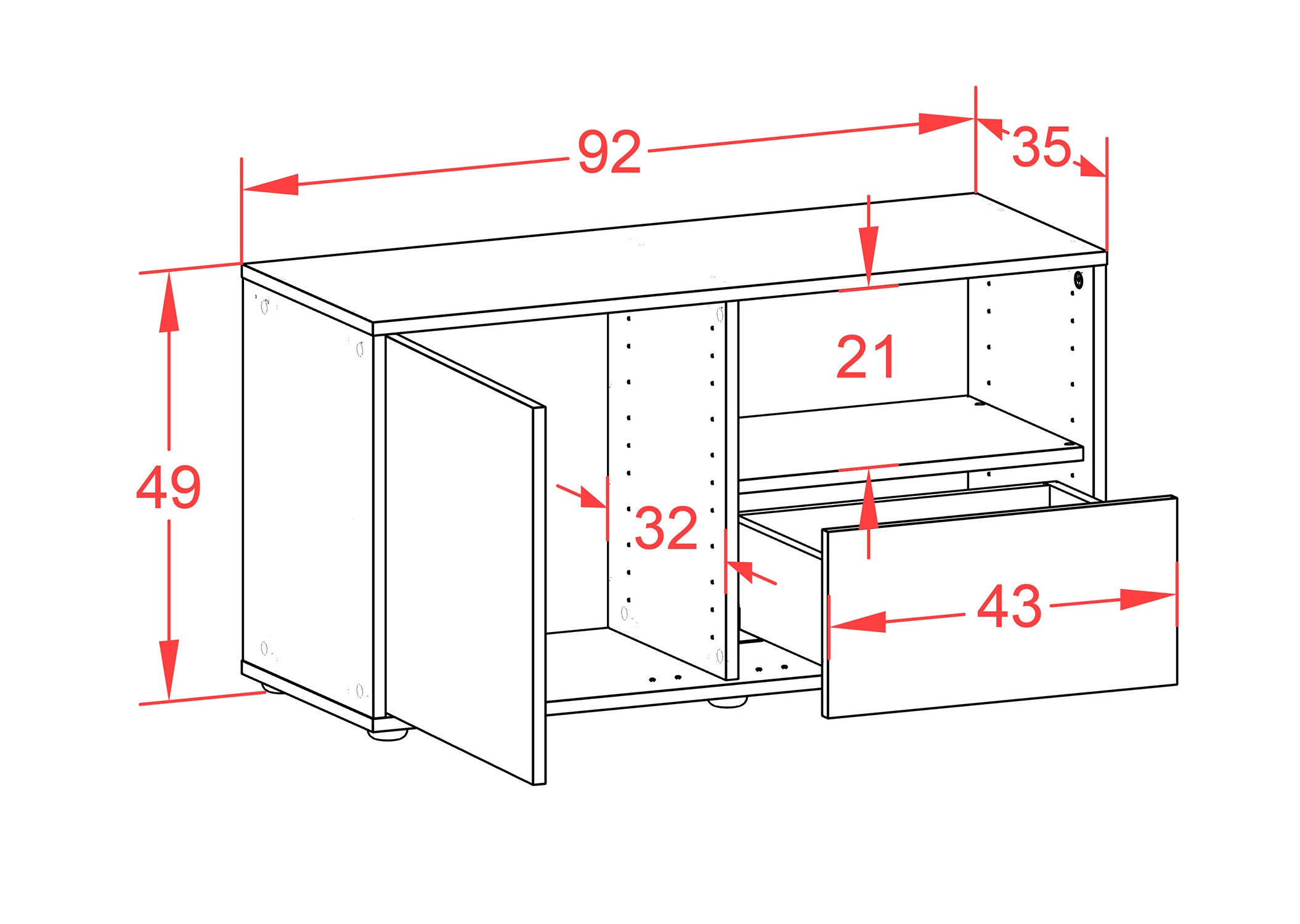 Lowboard - Adriana - Design Farbakzent - Freistehend mit Push to Open 92 cm Anthrazit