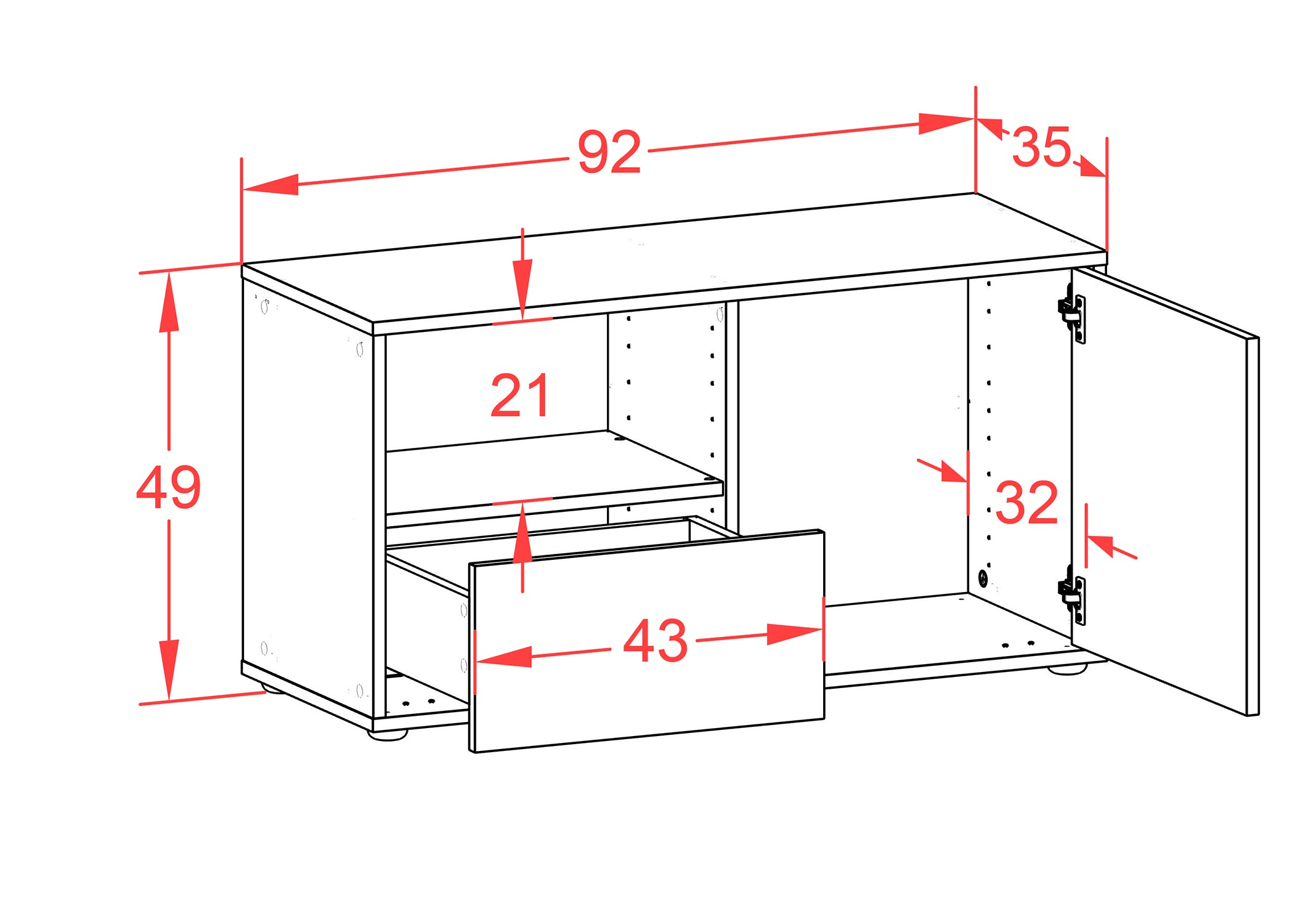 Lowboard - Adrina - Design Farbakzent - Freistehend mit Push to Open 92 cm Weiss