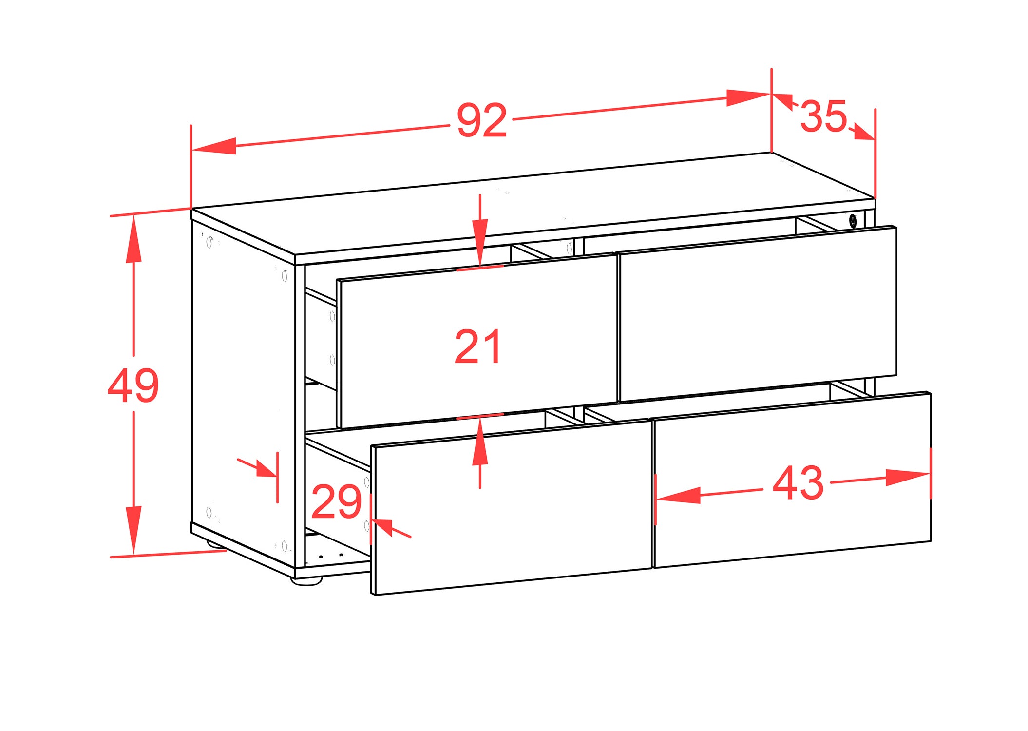 Lowboard - Aella - Design Holzdekor - Freistehend mit Push to Open 92 cm Weiss