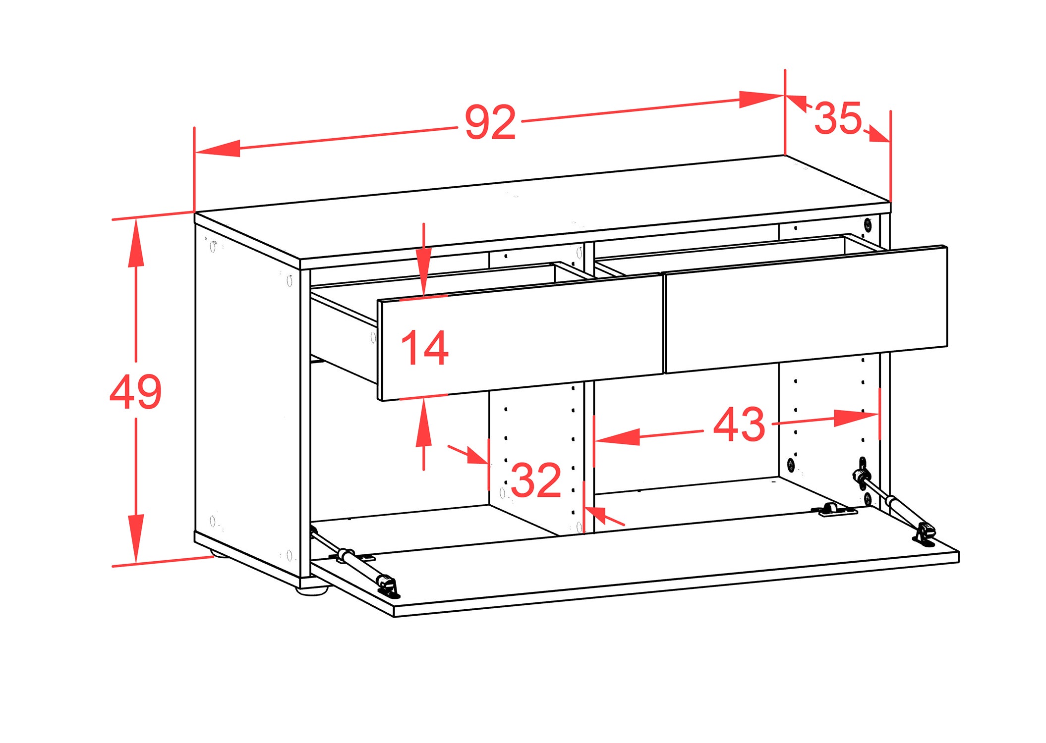 Lowboard - Agnese - Design Hochglanz - Freistehend mit Push to Open 92 cm Anthrazit