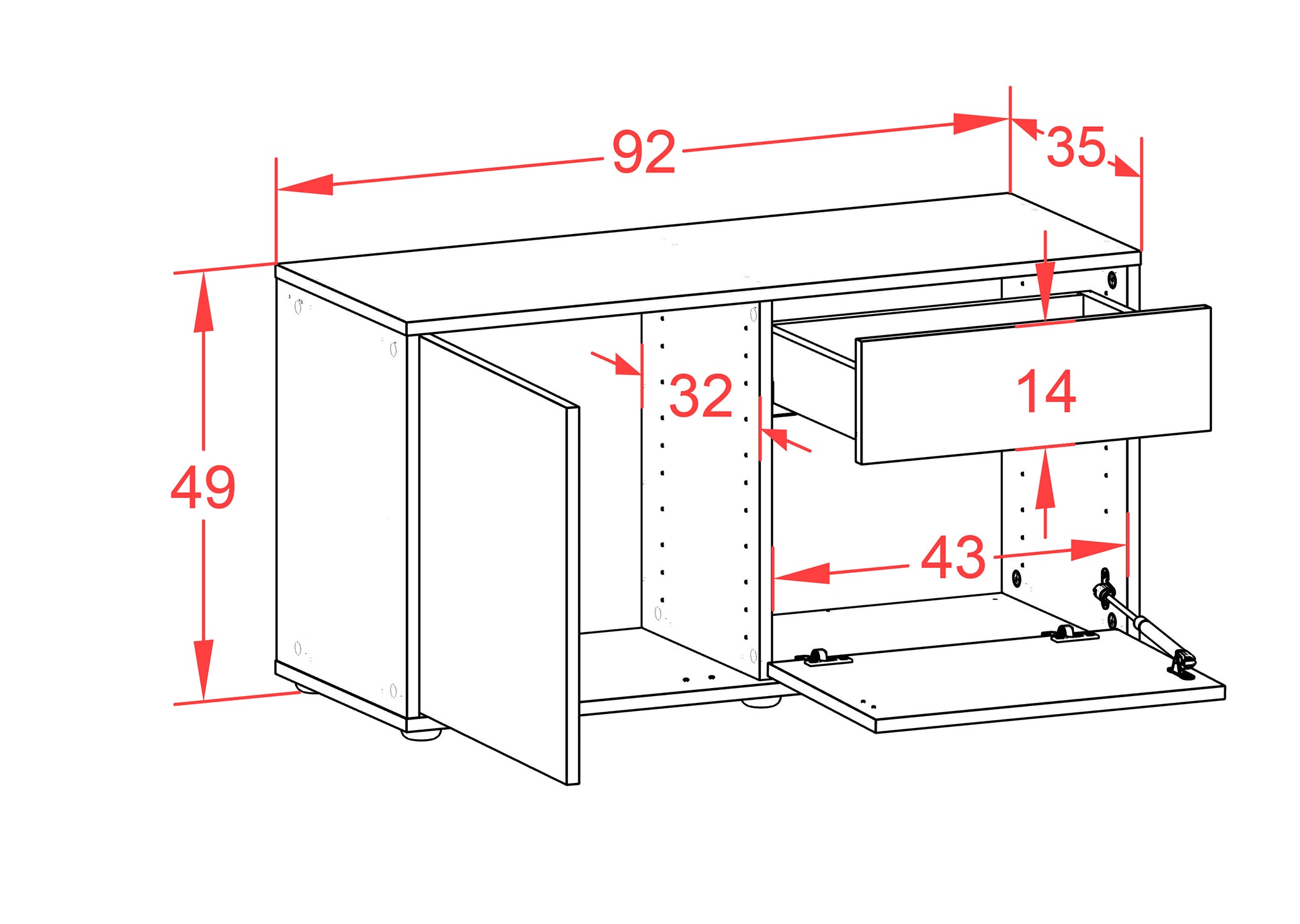 Lowboard - Aja - Design Industrie Stil - Freistehend mit Push to Open 92 cm Anthrazit