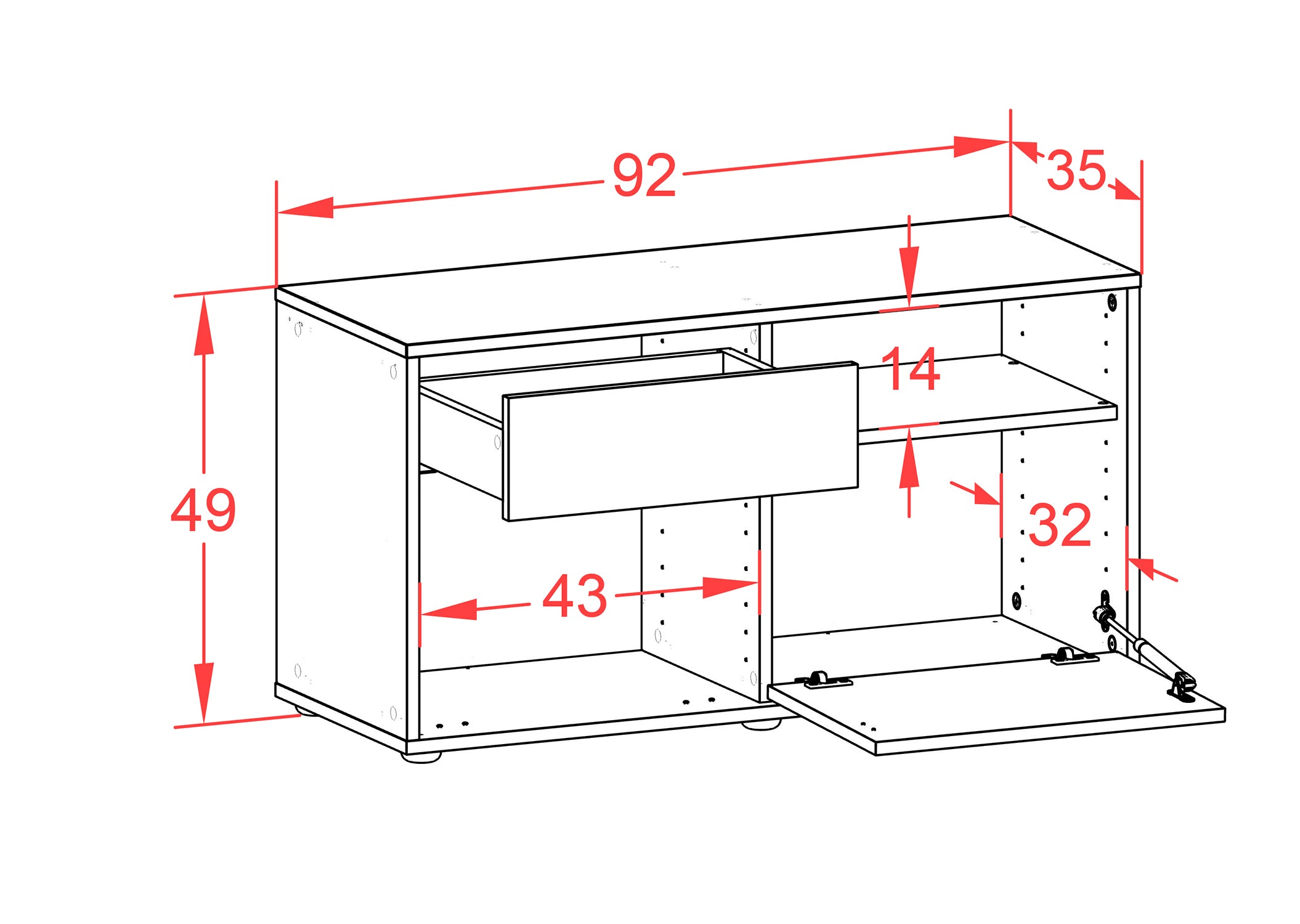 Lowboard - Albina - Design Farbakzent - Freistehend mit Push to Open 92 cm Weiss