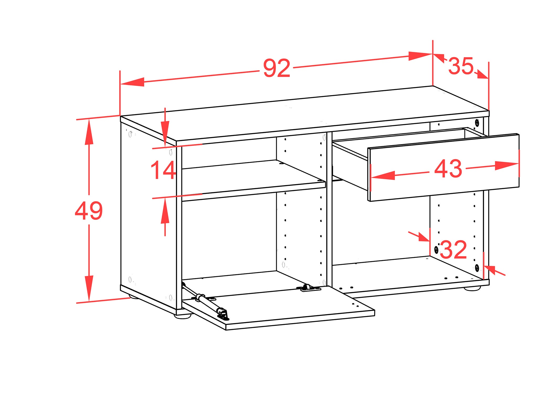 Lowboard - Alecia - Design Farbakzent - Freistehend mit Push to Open 92 cm Weiss
