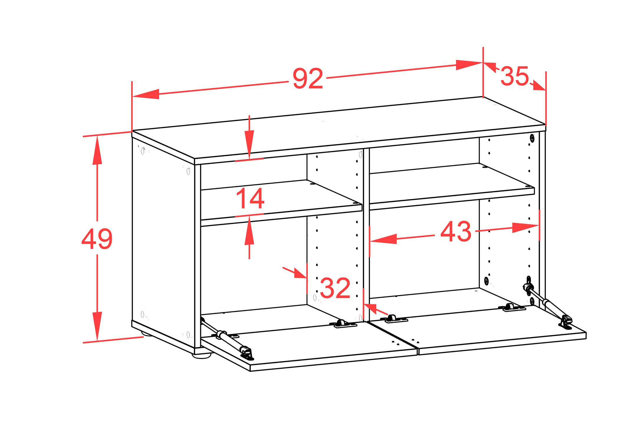 Lowboard - Alegra - Design Industrie Stil - Freistehend mit Push to Open 92 cm Weiss