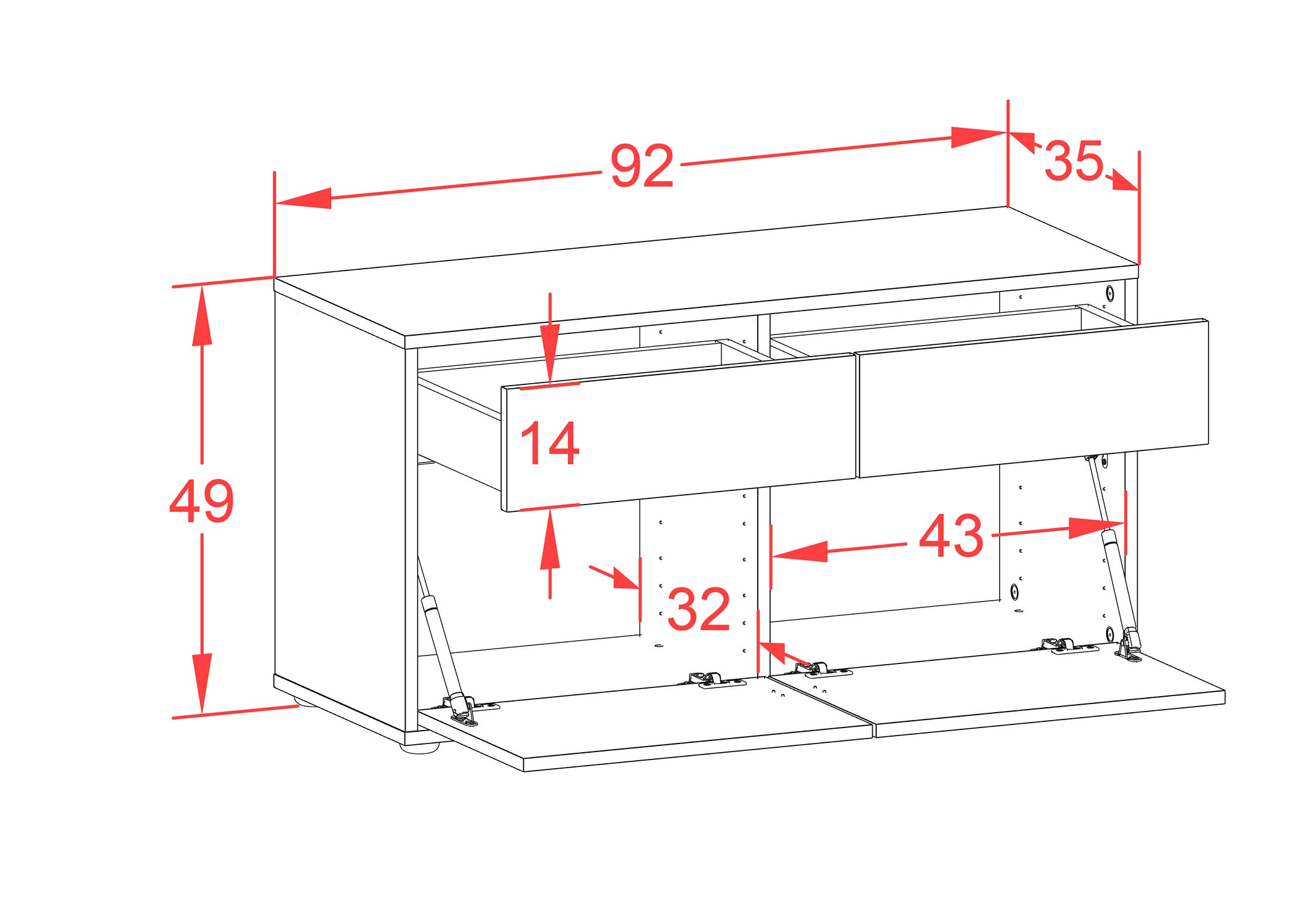 Lowboard - Alena - Design Hochglanz - Freistehend mit Push to Open 92 cm Weiss