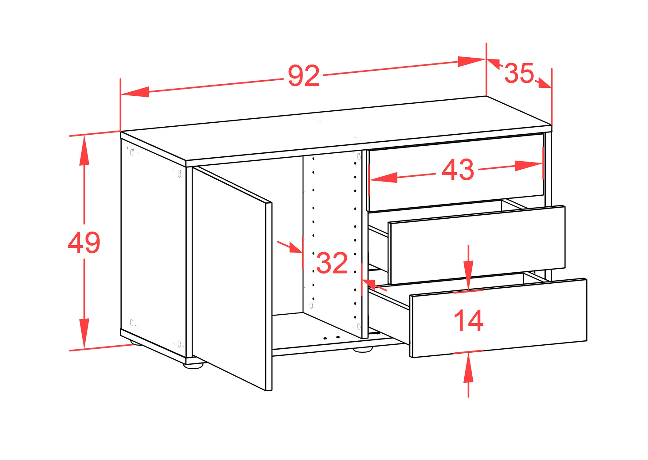 Lowboard - Alessandra - Design Farbakzent - Freistehend mit Push to Open 92 cm Anthrazit