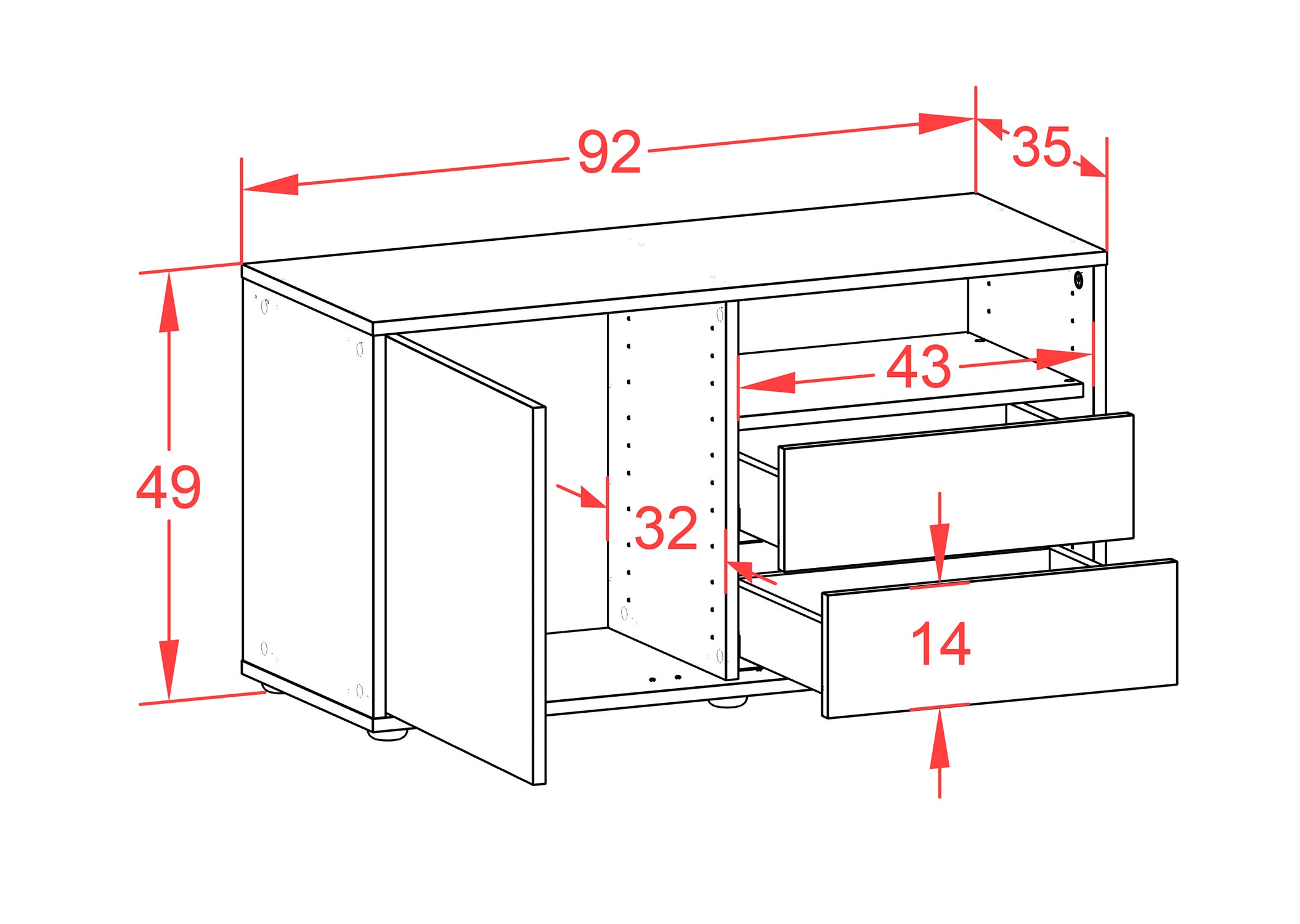 Lowboard - Alessia - Design Holzdekor - Freistehend mit Push to Open 92 cm Anthrazit