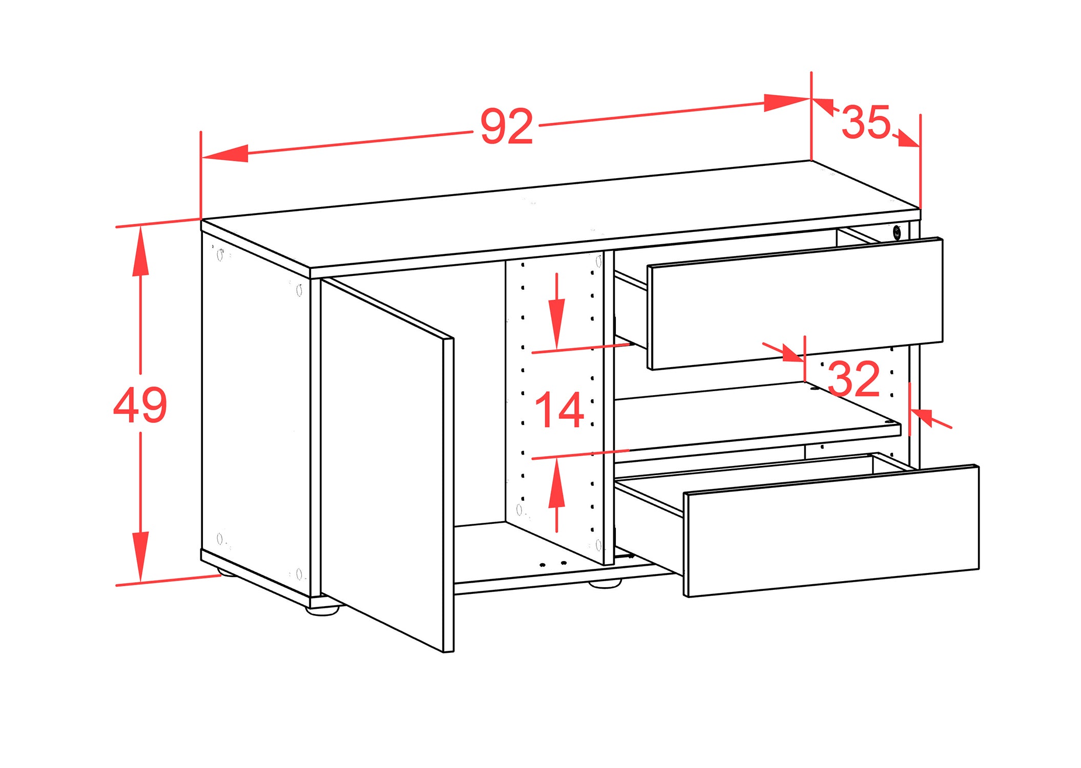 Lowboard - Aleyna - Design Farbakzent - Freistehend mit Push to Open 92 cm Anthrazit