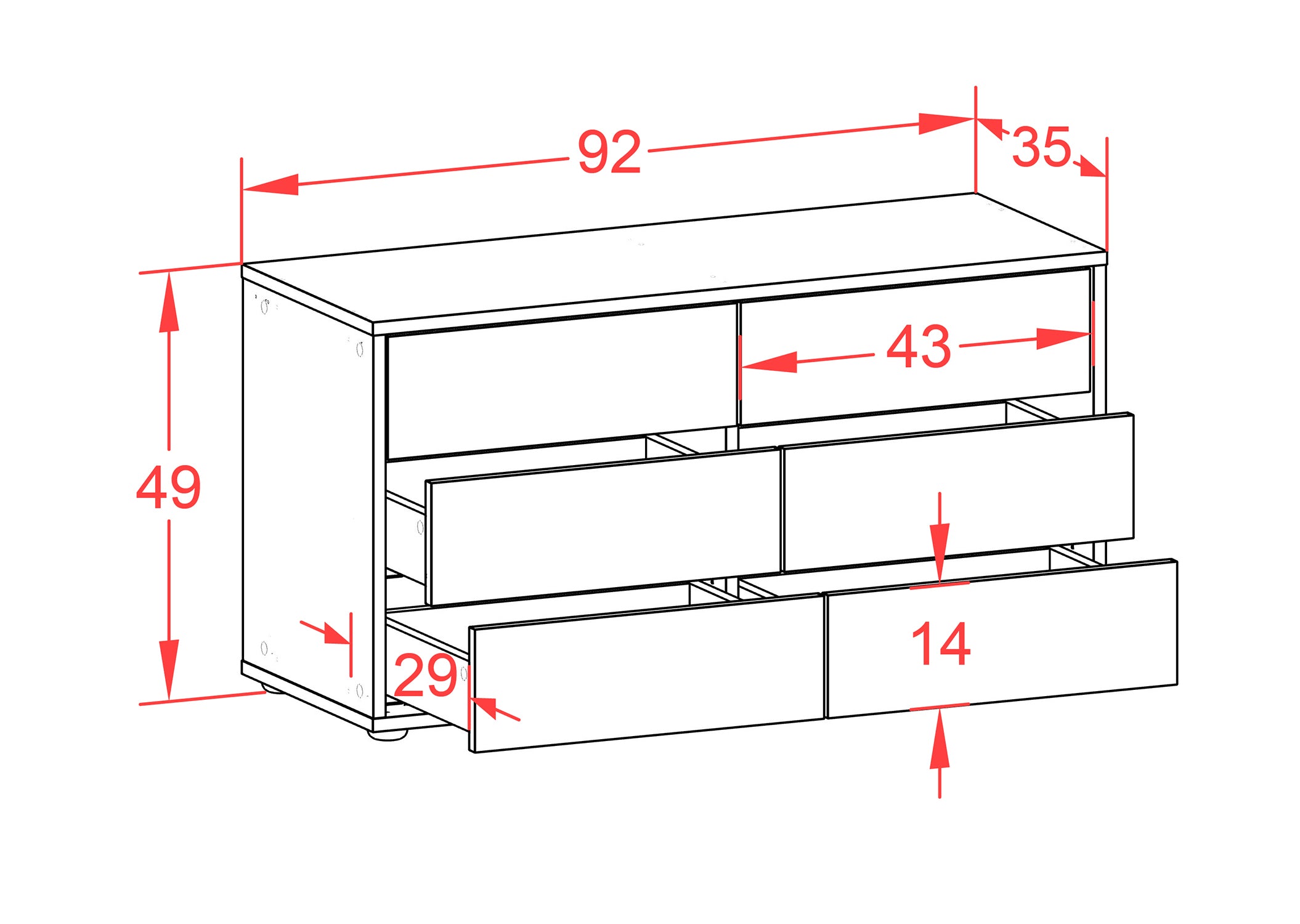 Lowboard - Alfonsa - Design Farbakzent - Freistehend mit Push to Open 92 cm Weiss