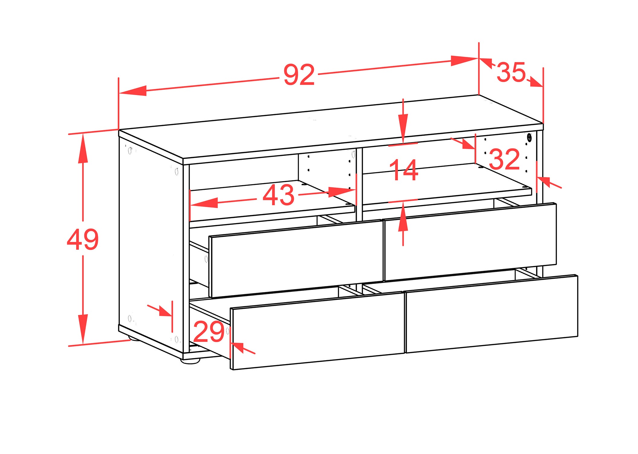 Lowboard - Alia - Design Holzdekor - Freistehend mit Push to Open 92 cm Weiss