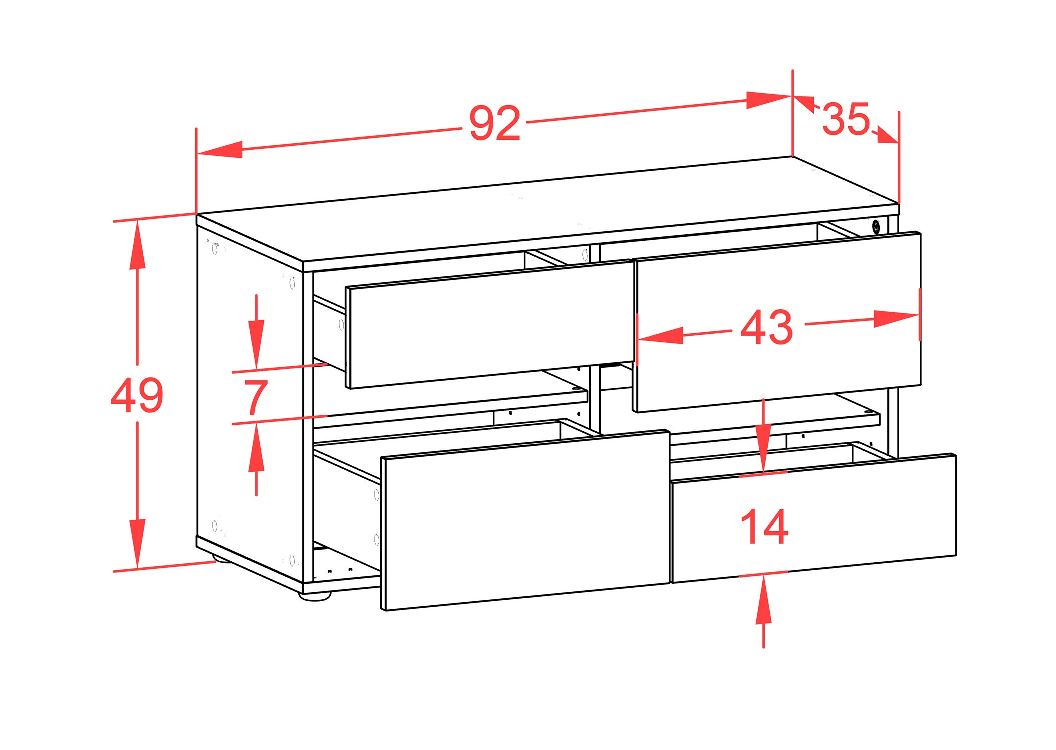 Lowboard - Alina - Design Farbakzent - Freistehend mit Push to Open 92 cm Weiss