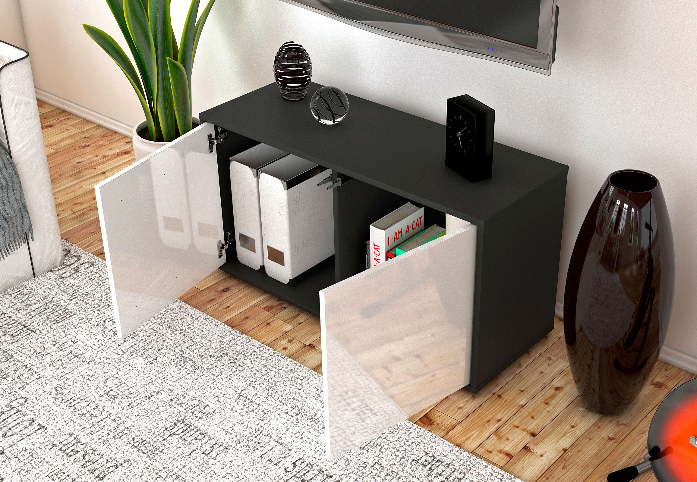 Lowboard - Ada - Design Hochglanz - Freistehend mit Push to Open 92 cm Anthrazit