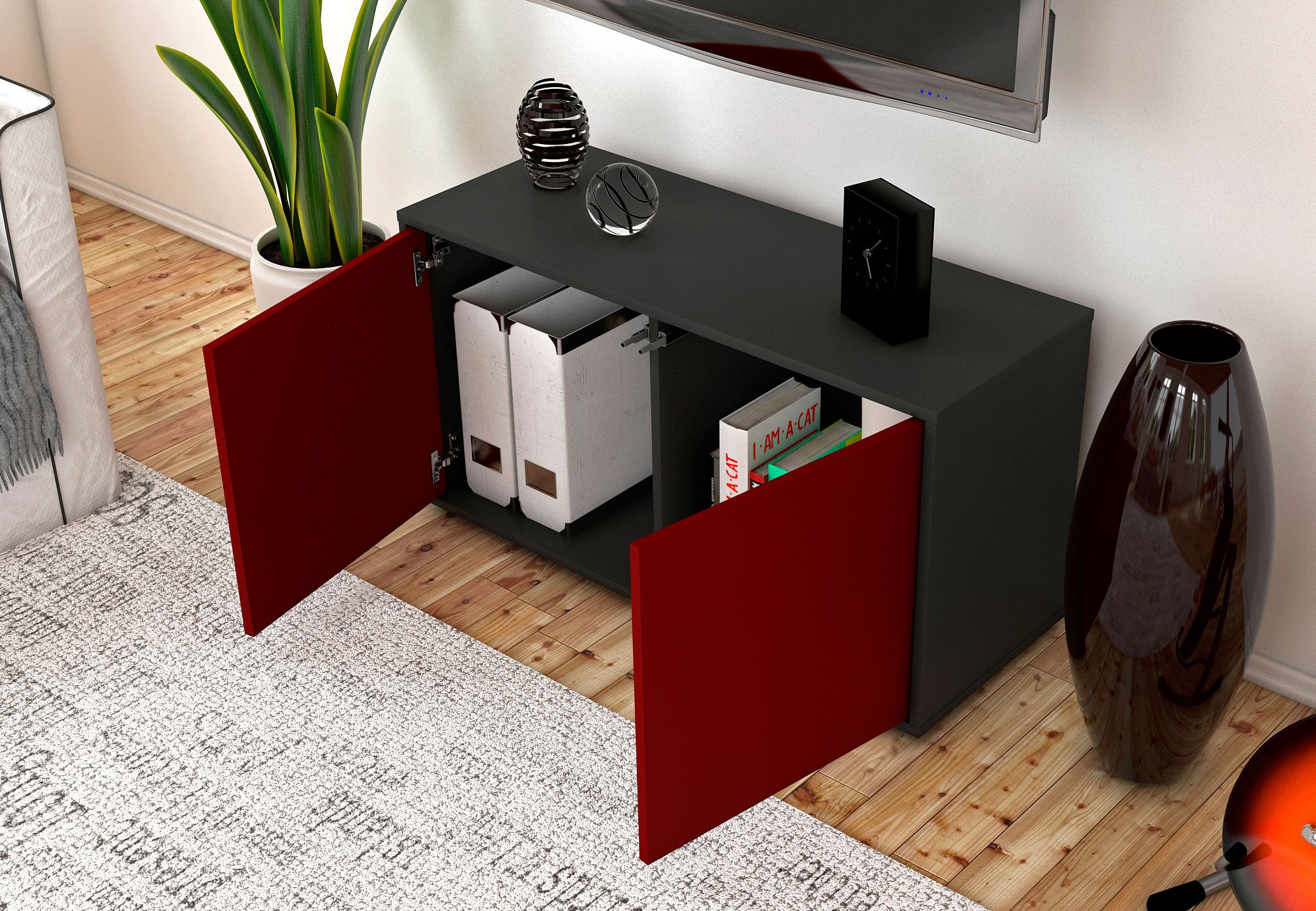 Lowboard - Ada - Design Farbakzent - Freistehend mit Push to Open 92 cm Anthrazit