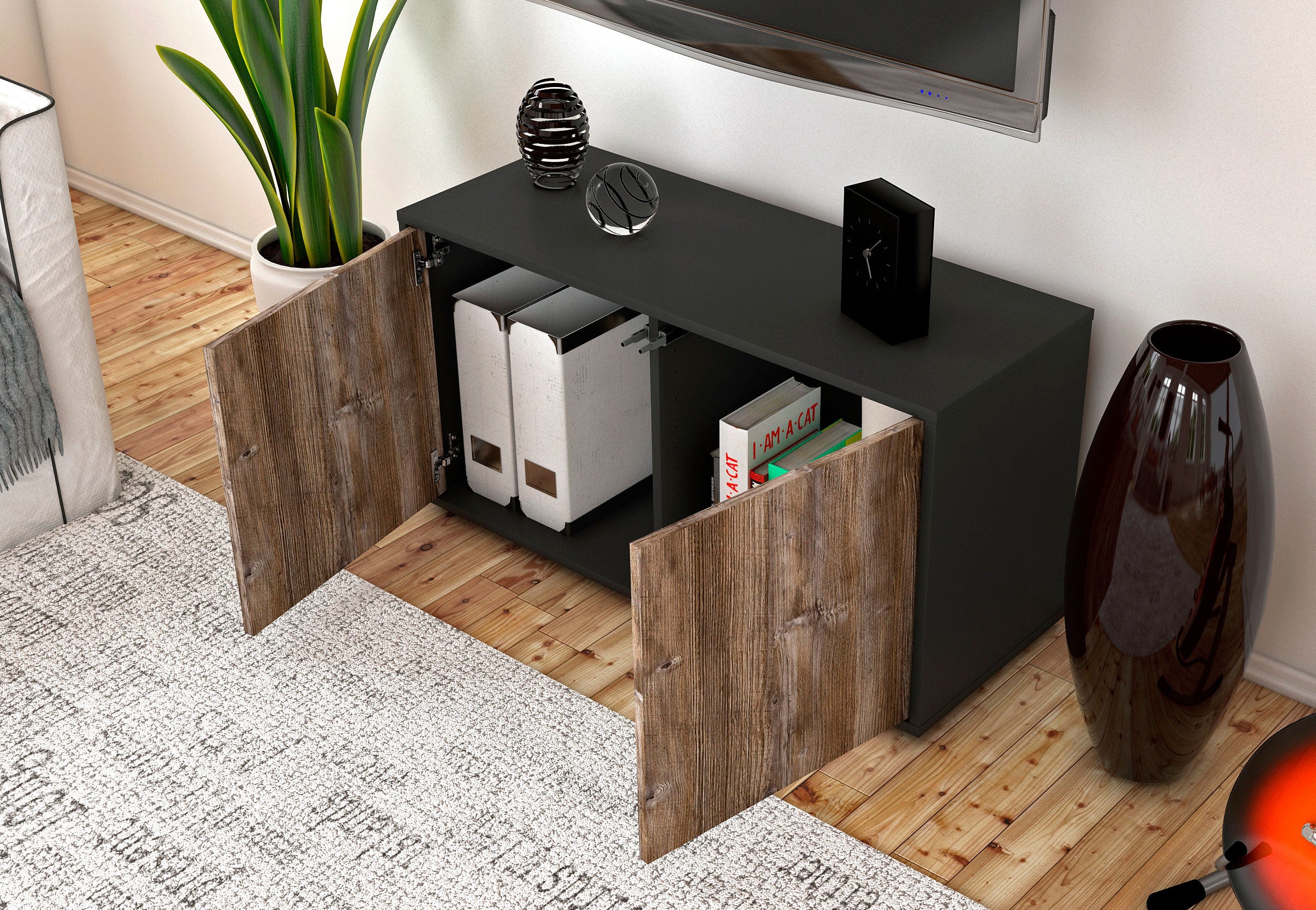 Lowboard - Ada - Design Holzdekor - Freistehend mit Push to Open 92 cm Anthrazit