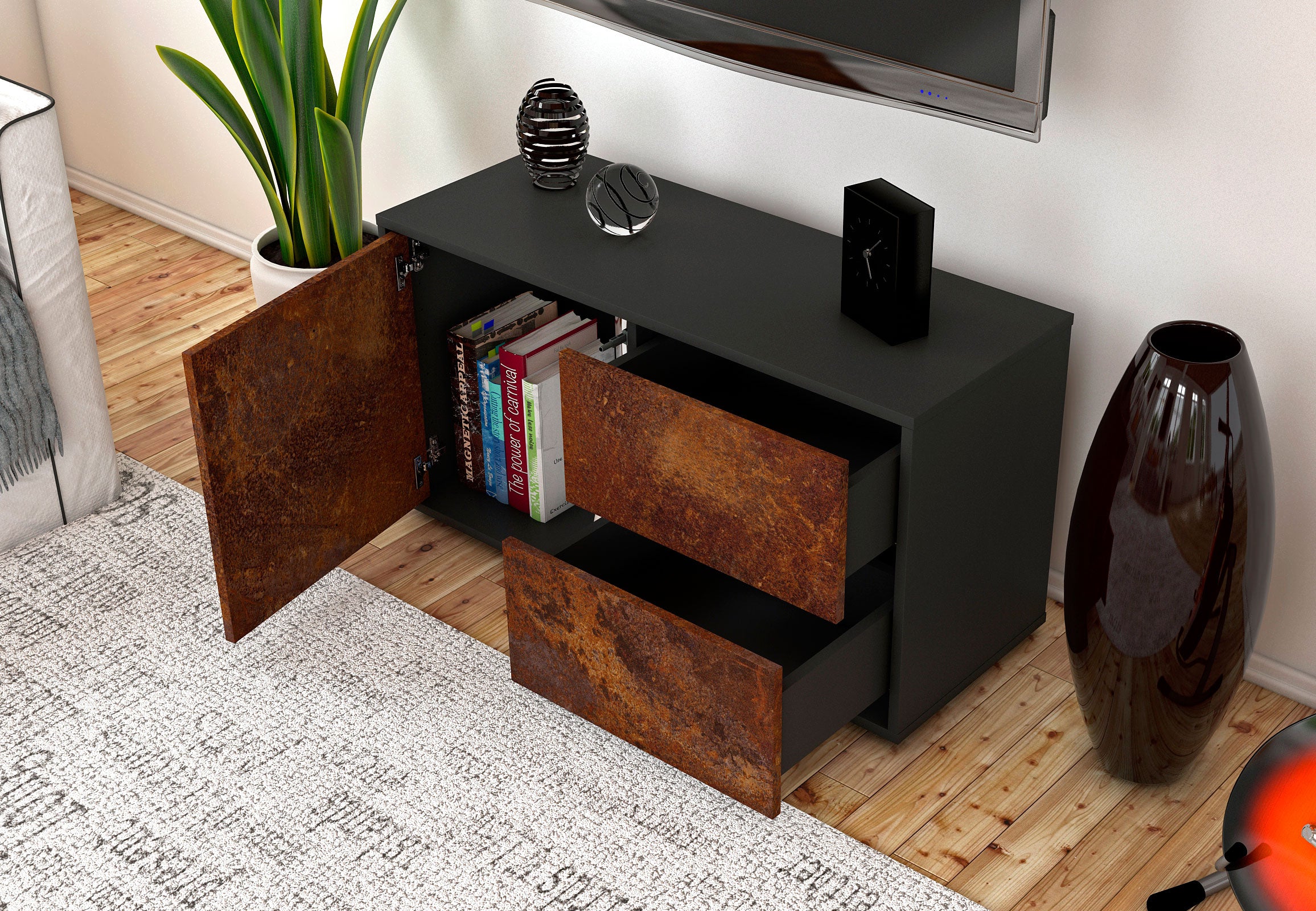 Lowboard - Adria - Design Industrie Stil - Freistehend mit Push to Open 92 cm Anthrazit