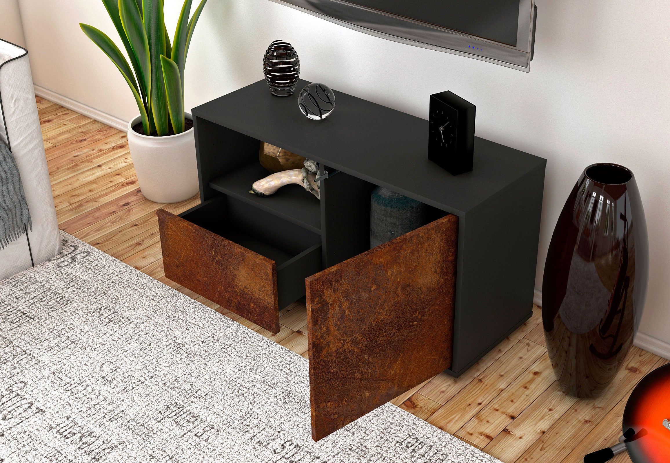 Lowboard - Adrina - Design Industrie Stil - Freistehend mit Push to Open 92 cm Anthrazit