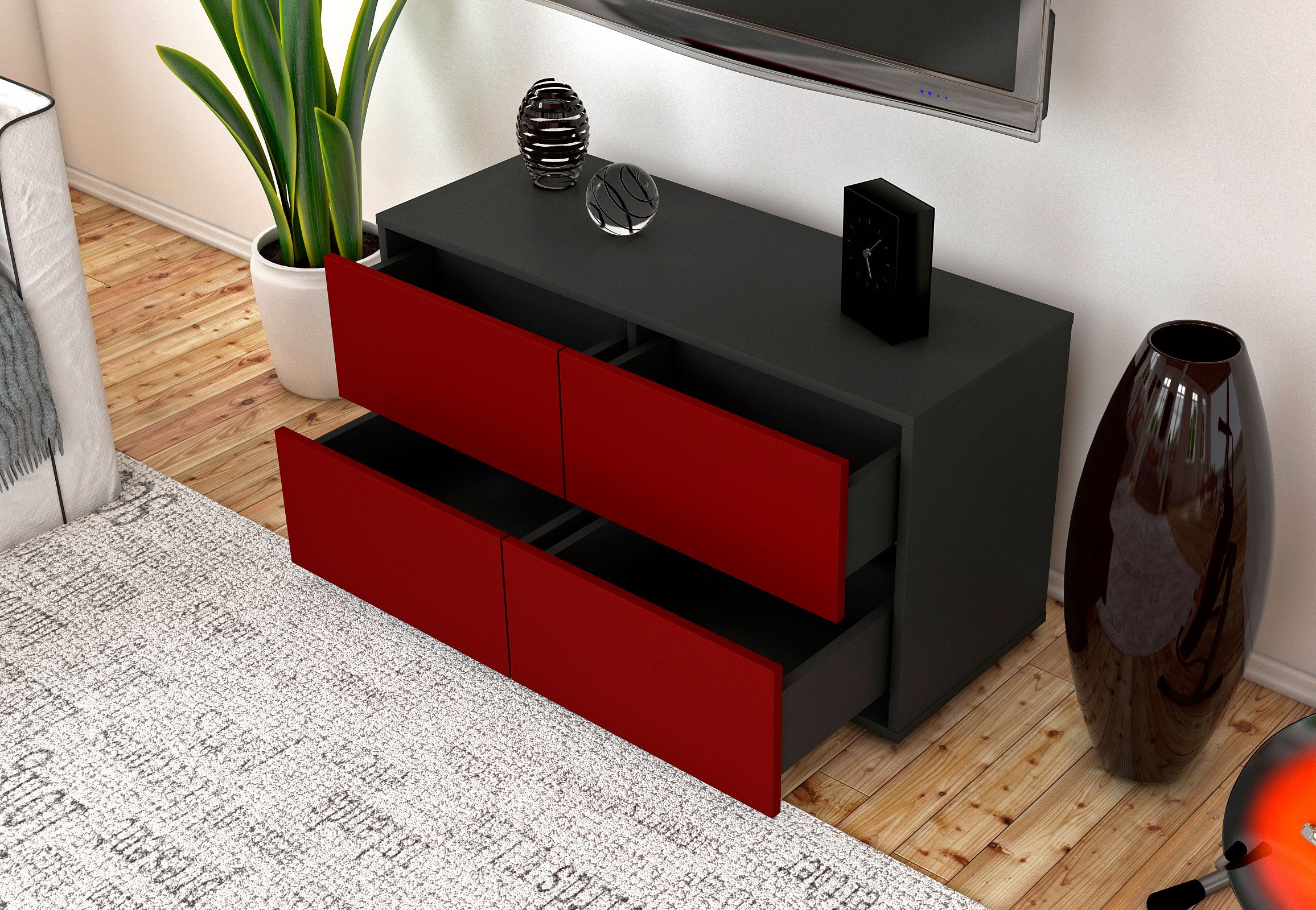 Lowboard - Aella - Design Farbakzent - Freistehend mit Push to Open 92 cm Anthrazit