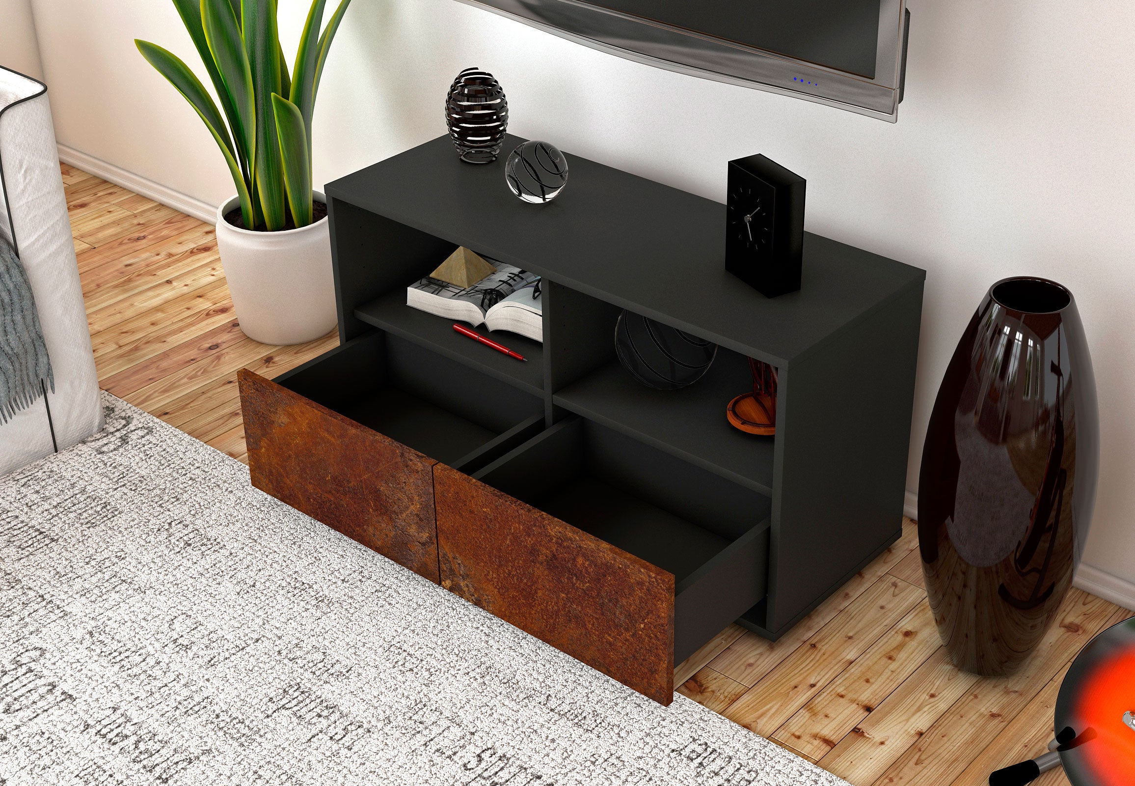 Lowboard - Aeon - Design Industrie Stil - Freistehend mit Push to Open 92 cm Anthrazit