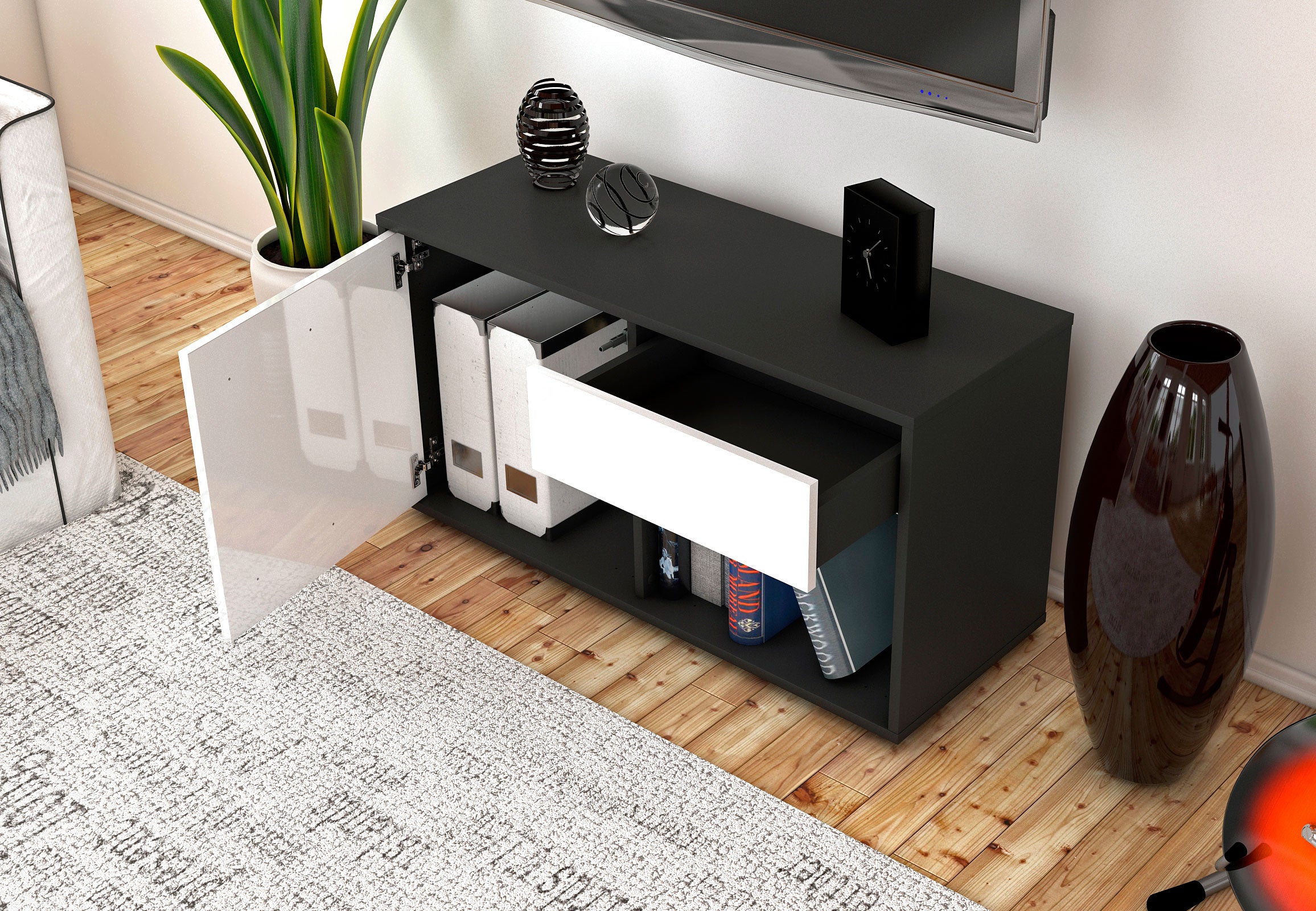 Lowboard - Alberina - Design Hochglanz - Freistehend mit Push to Open 92 cm Anthrazit