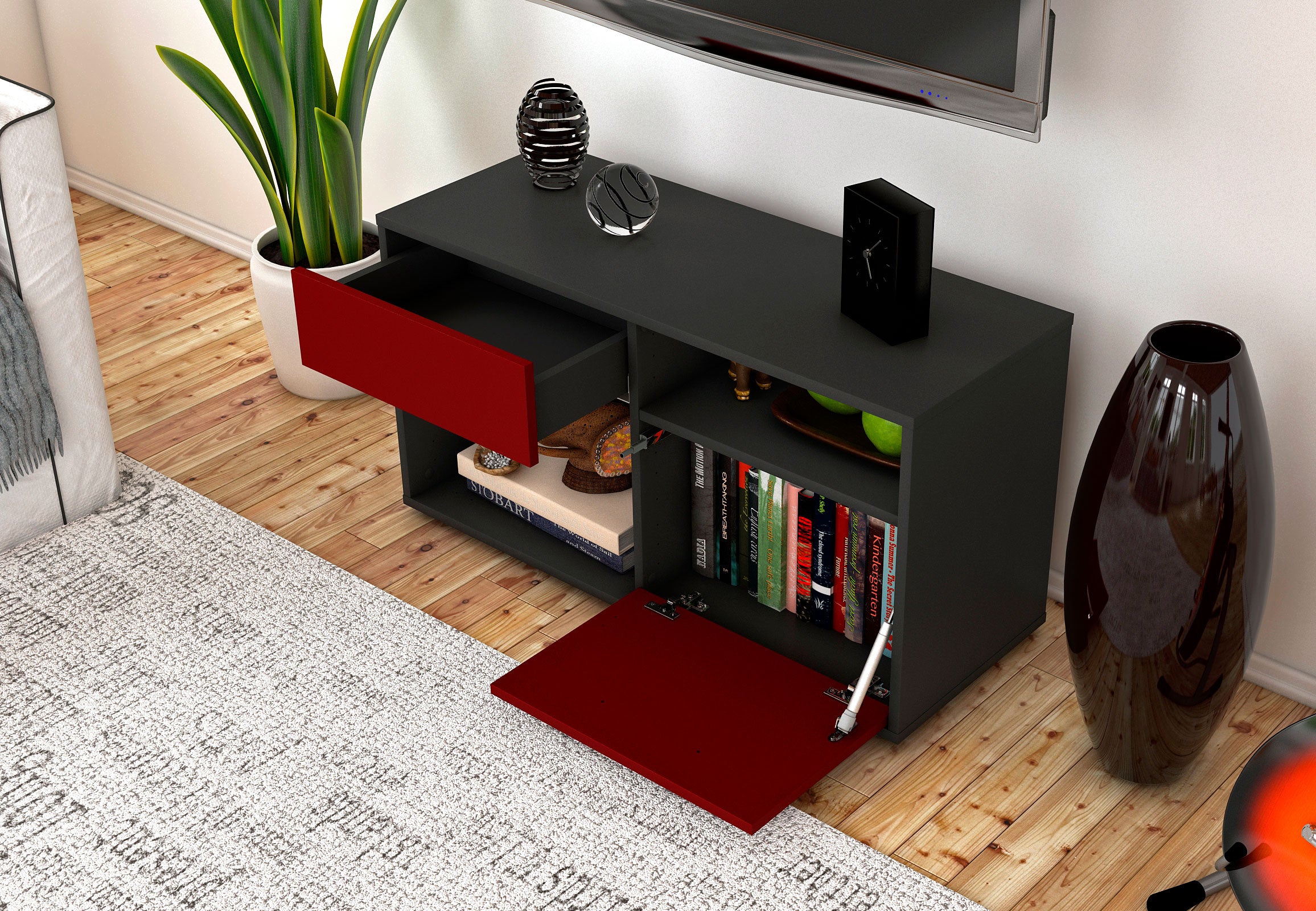 Lowboard - Albina - Design Farbakzent - Freistehend mit Push to Open 92 cm Anthrazit