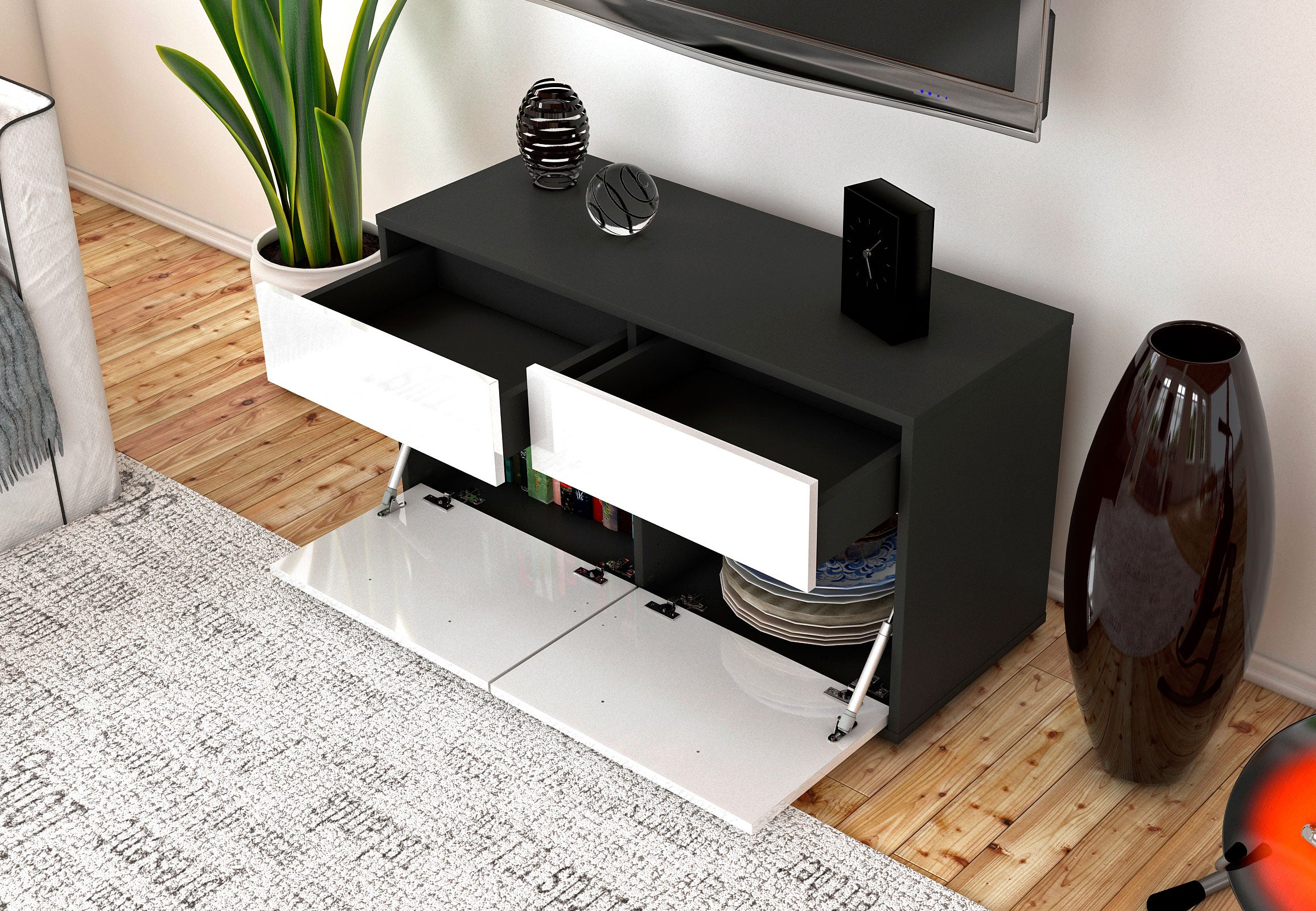 Lowboard - Alena - Design Hochglanz - Freistehend mit Push to Open 92 cm Anthrazit