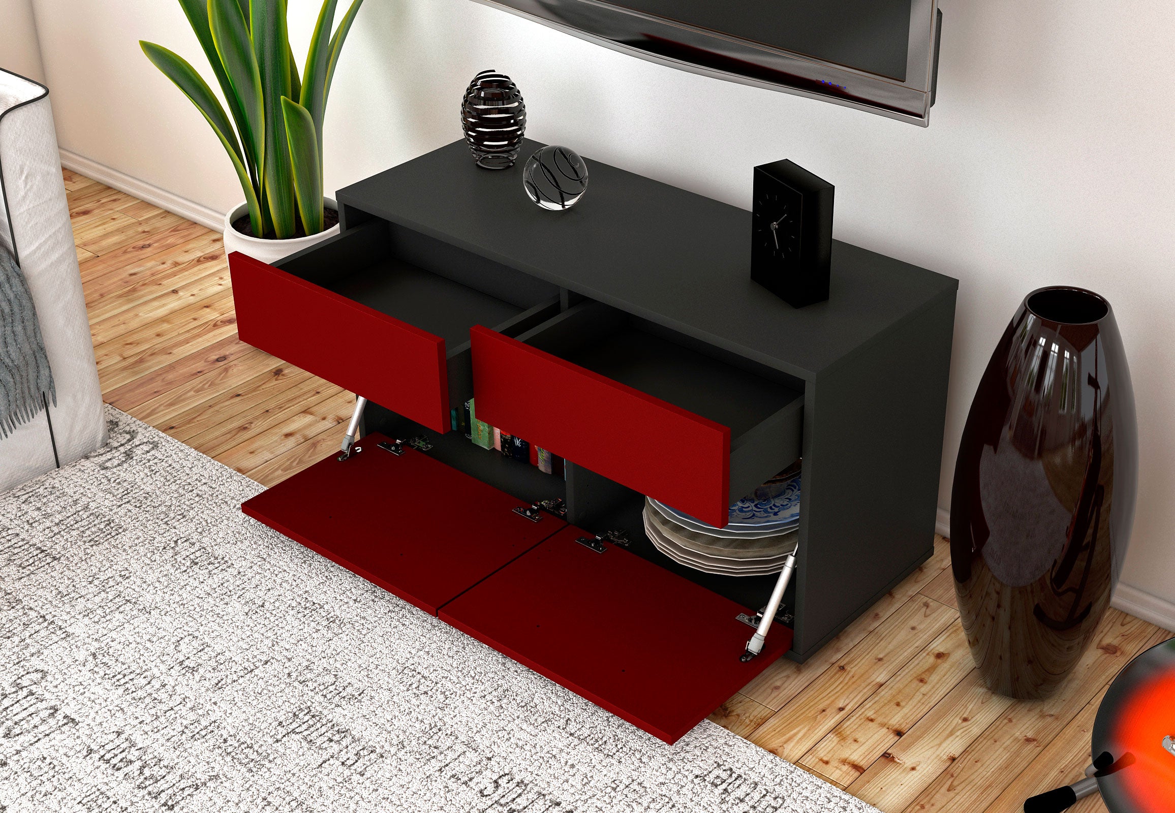 Lowboard - Alena - Design Farbakzent - Freistehend mit Push to Open 92 cm Anthrazit