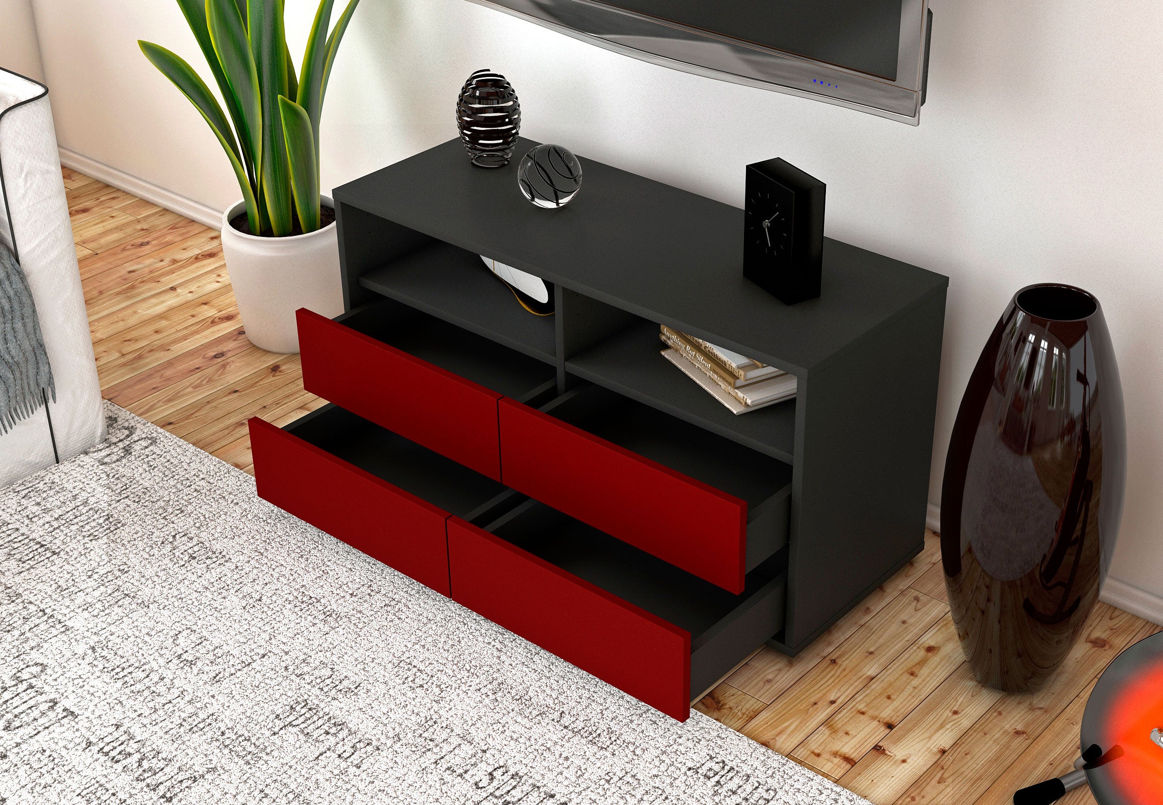 Lowboard - Alia - Design Farbakzent - Freistehend mit Push to Open 92 cm Anthrazit