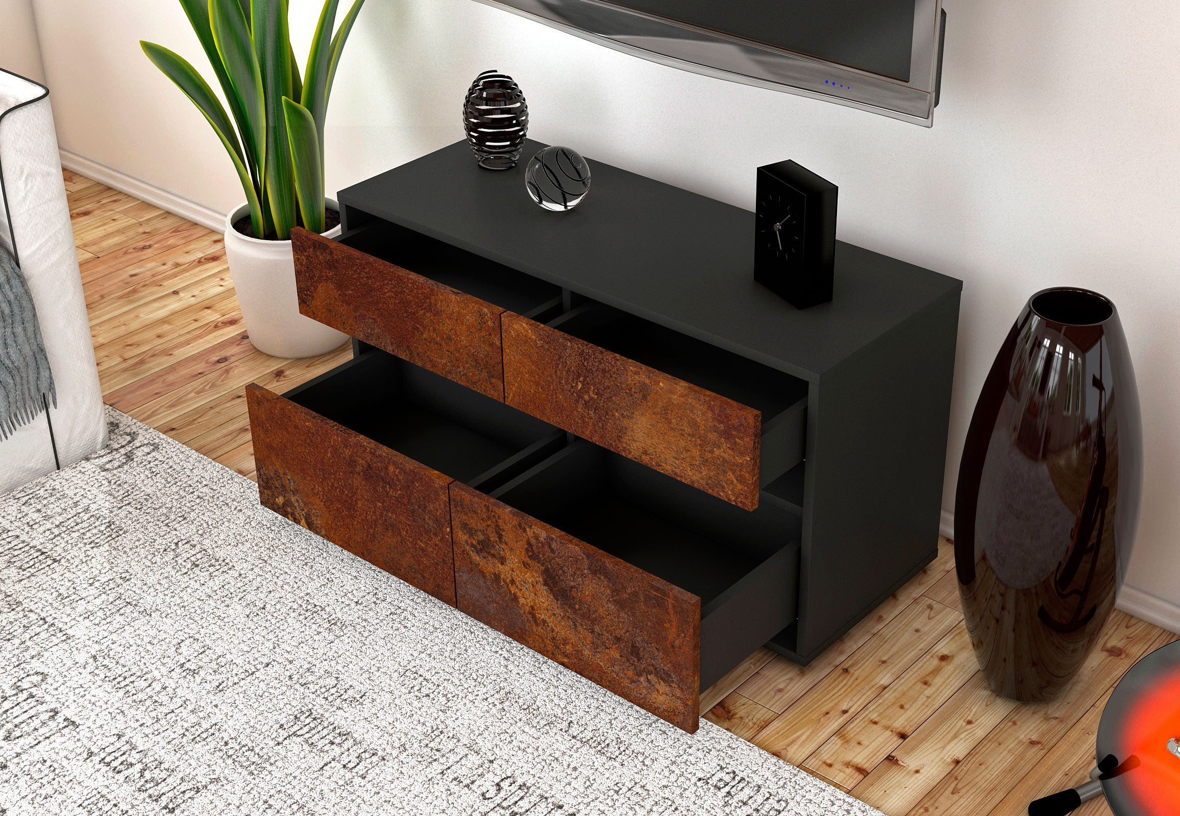 Lowboard - Alice - Design Industrie Stil - Freistehend mit Push to Open 92 cm Anthrazit