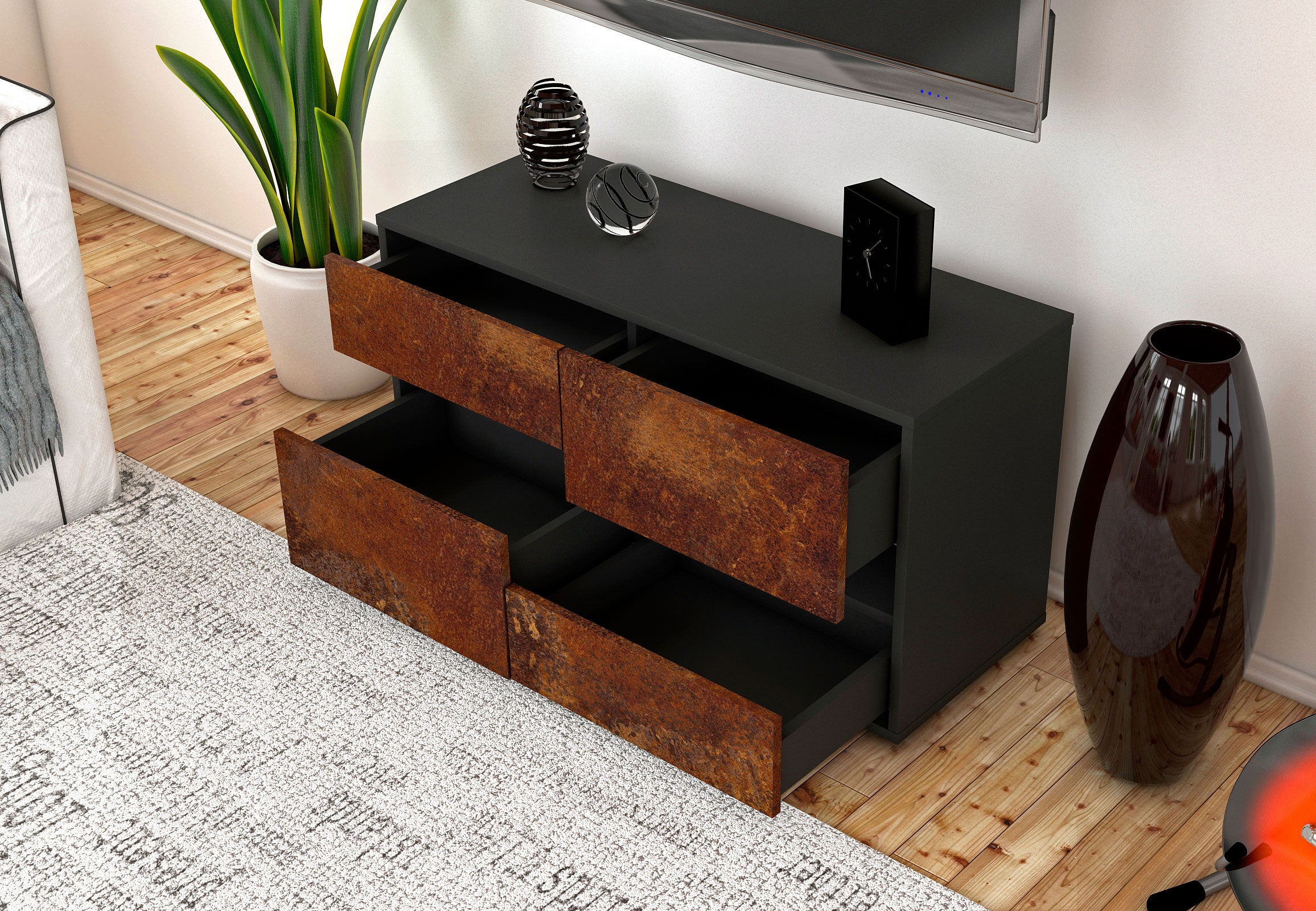 Lowboard - Alina - Design Industrie Stil - Freistehend mit Push to Open 92 cm Anthrazit