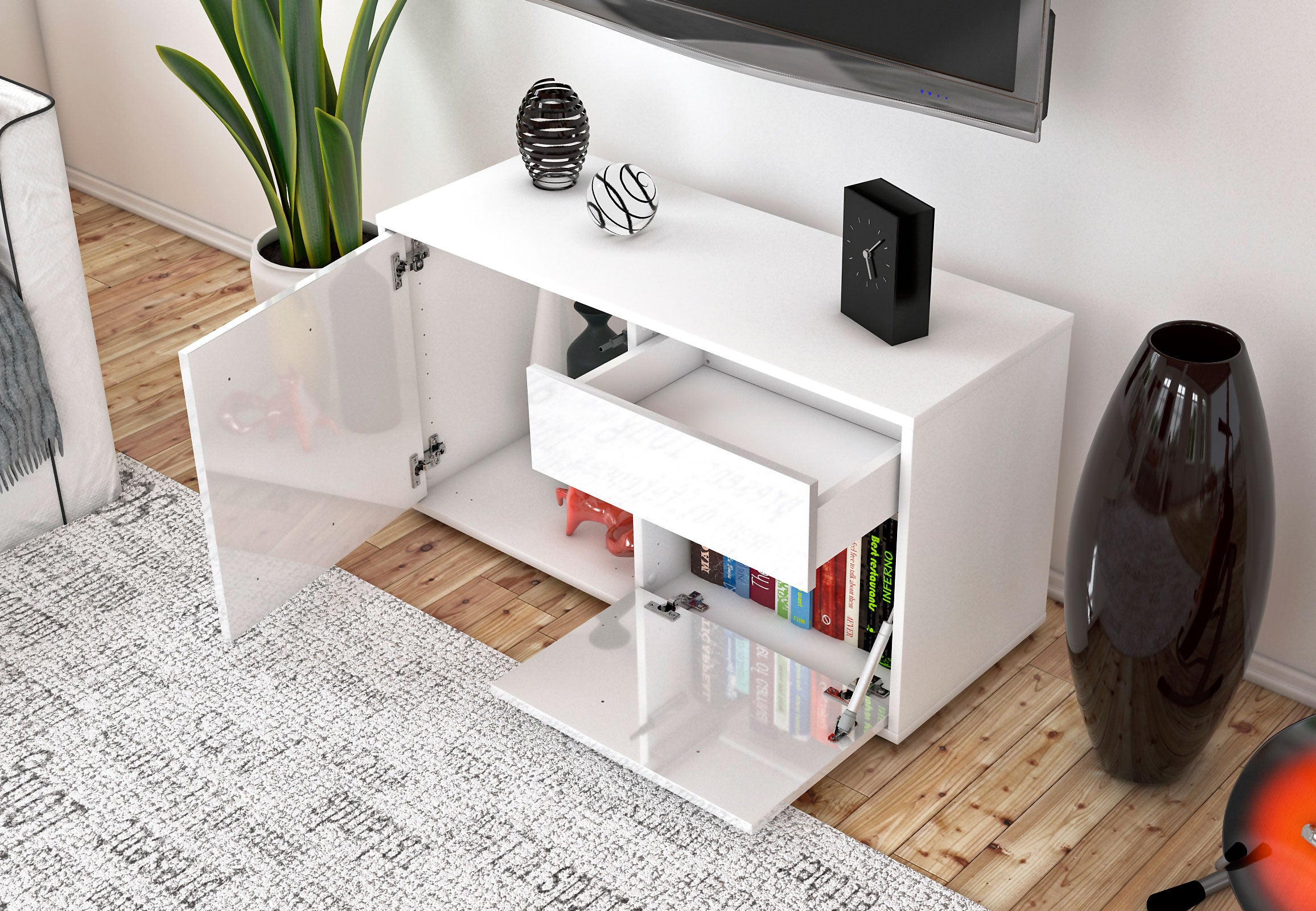 Lowboard - Aja - Design Hochglanz - Freistehend mit Push to Open 92 cm Weiss