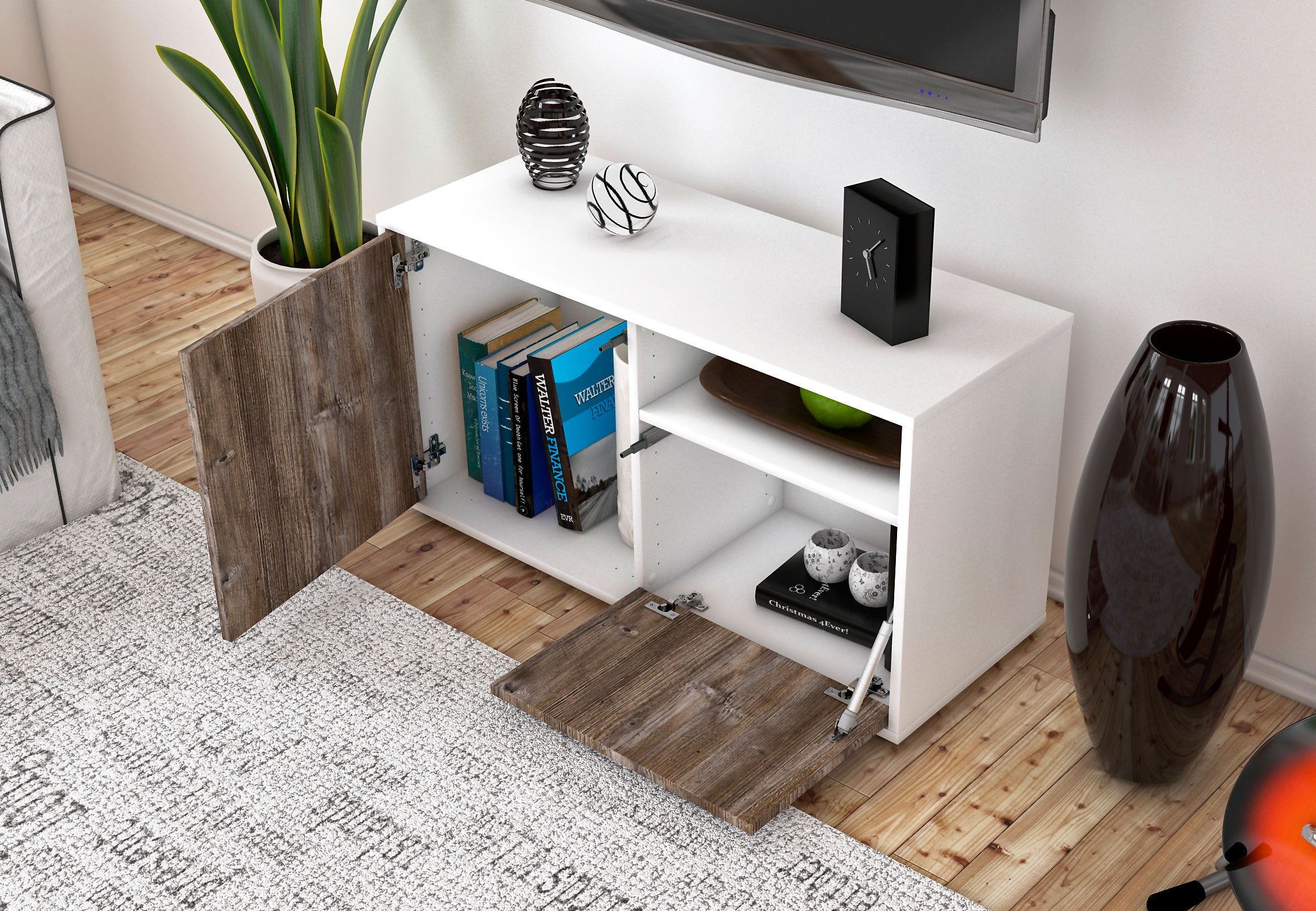 Lowboard - Ajda - Design Holzdekor - Freistehend mit Push to Open 92 cm Weiss