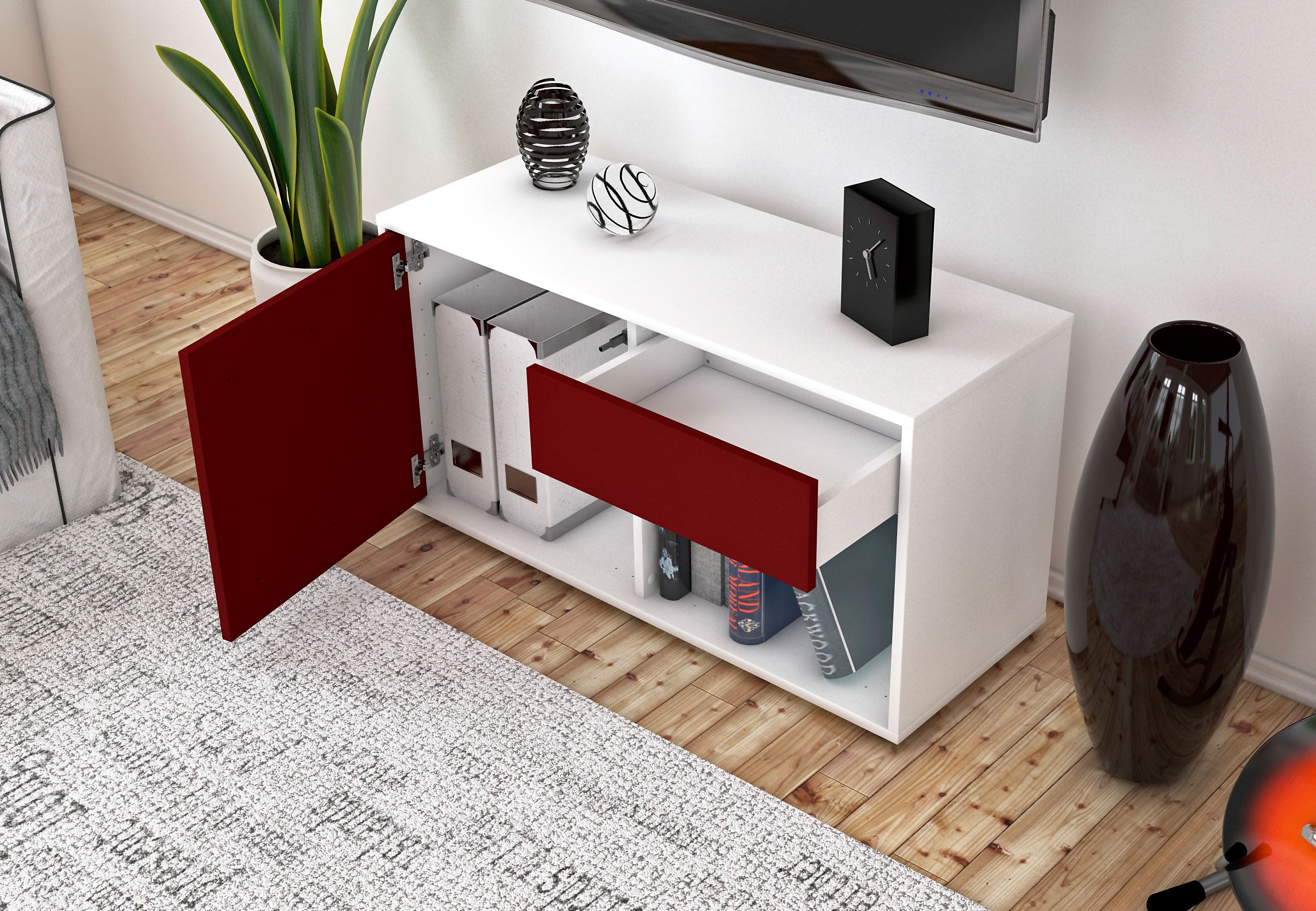 Lowboard - Alberina - Design Farbakzent - Freistehend mit Push to Open 92 cm Weiss