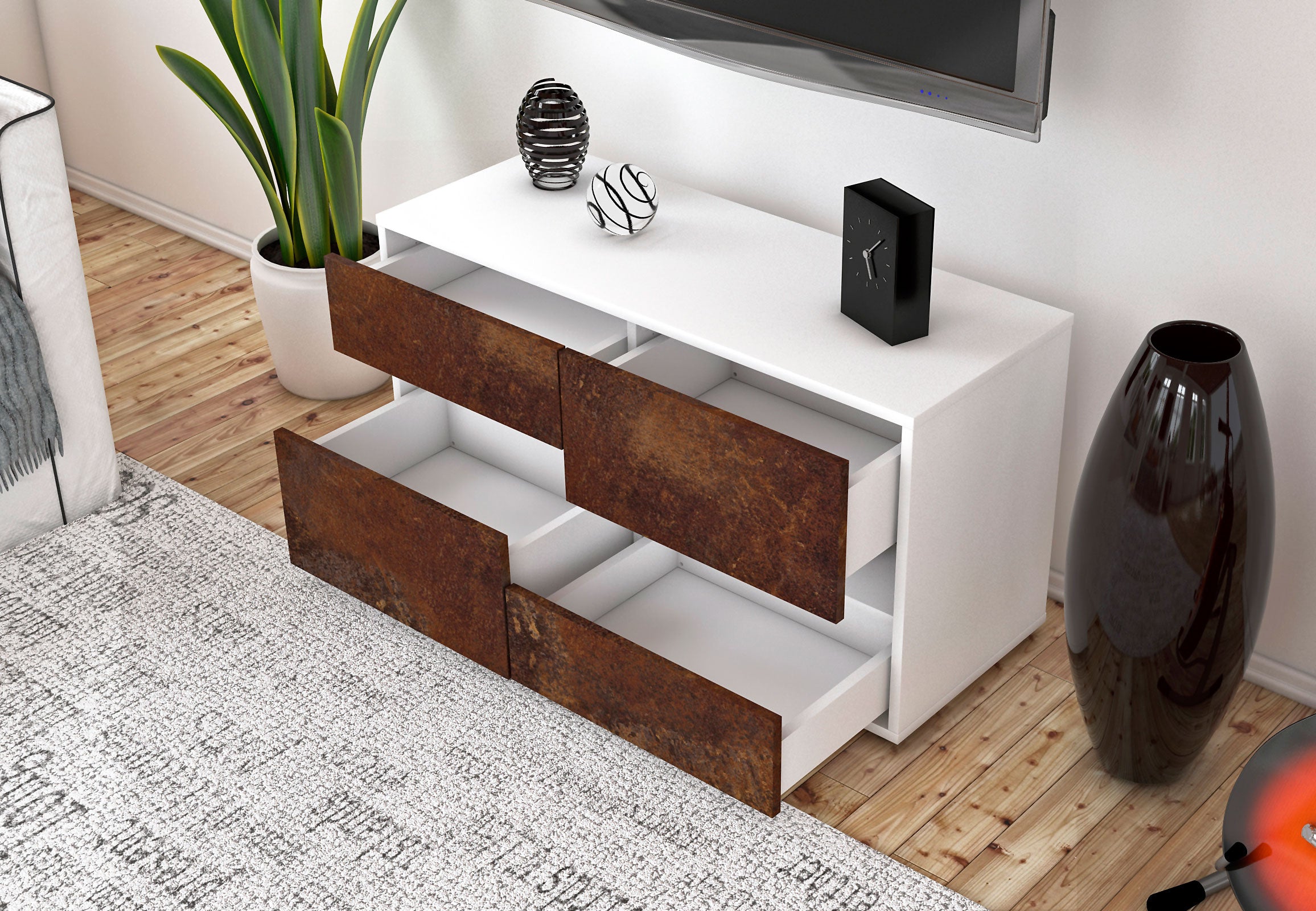 Lowboard - Alina - Design Industrie Stil - Freistehend mit Push to Open 92 cm Weiss