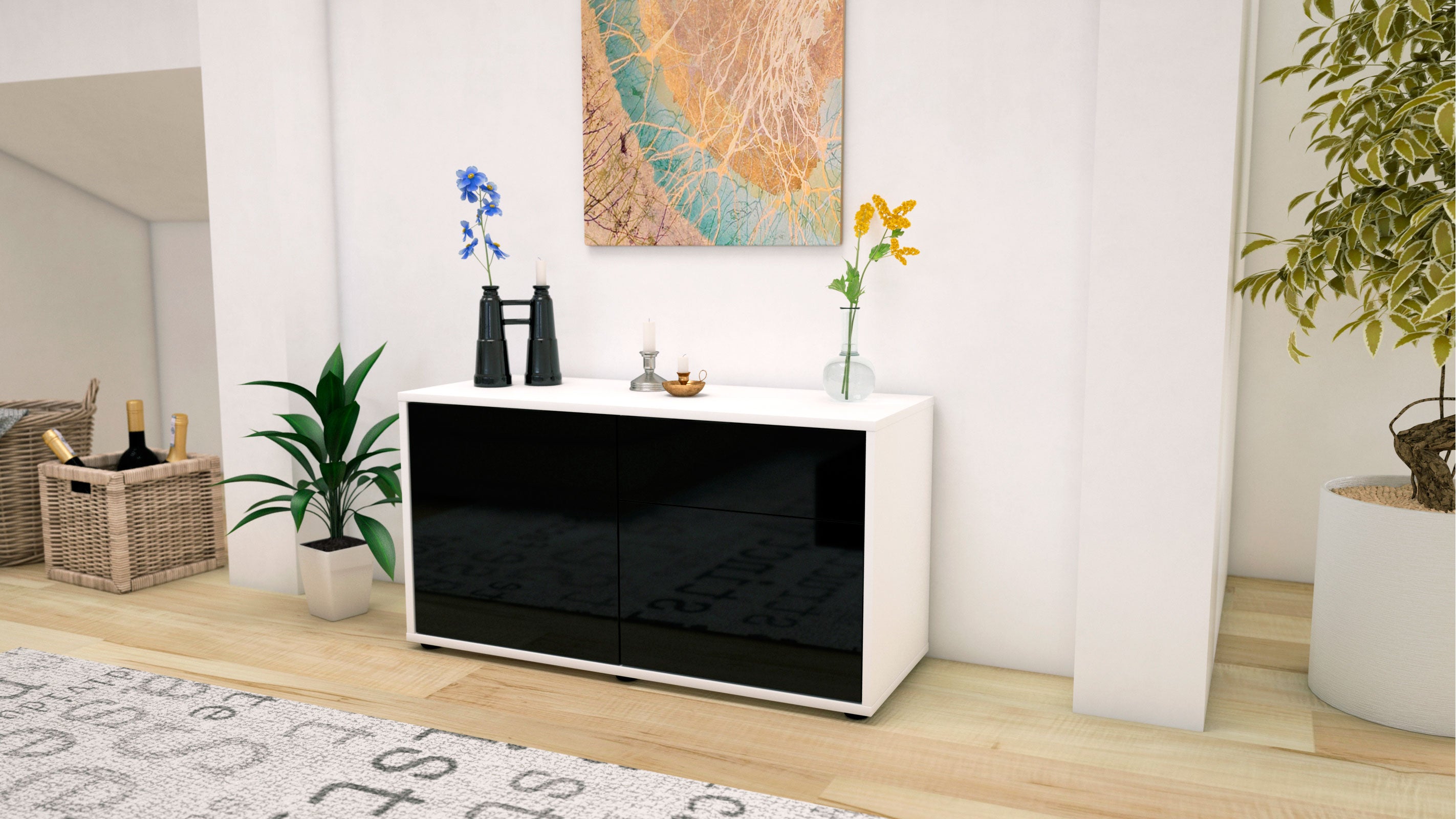 Lowboard - Aja - Design Hochglanz - Freistehend mit Push to Open 92 cm Weiss