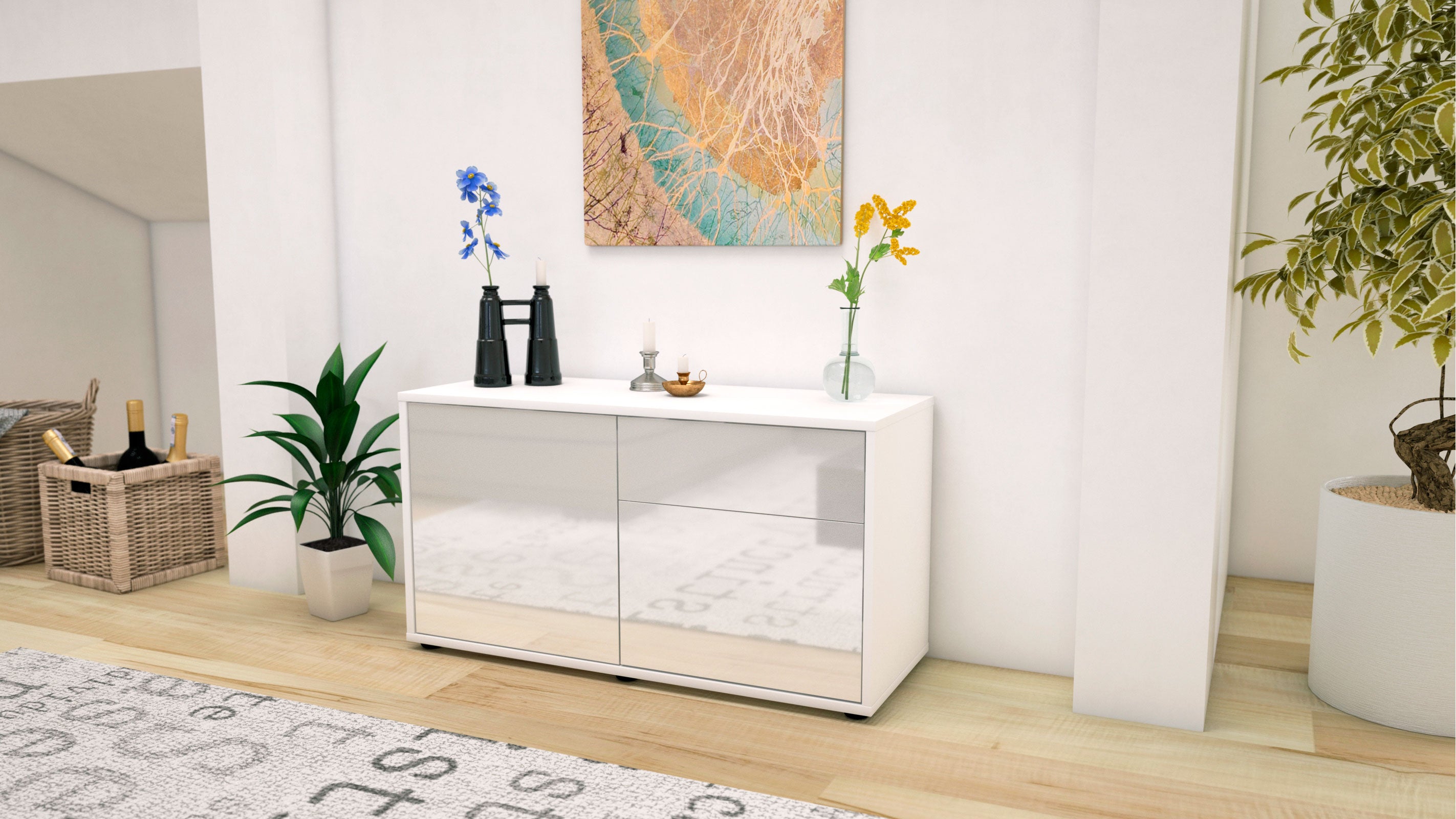 Lowboard - Aja - Design Hochglanz - Freistehend mit Push to Open 92 cm Weiss