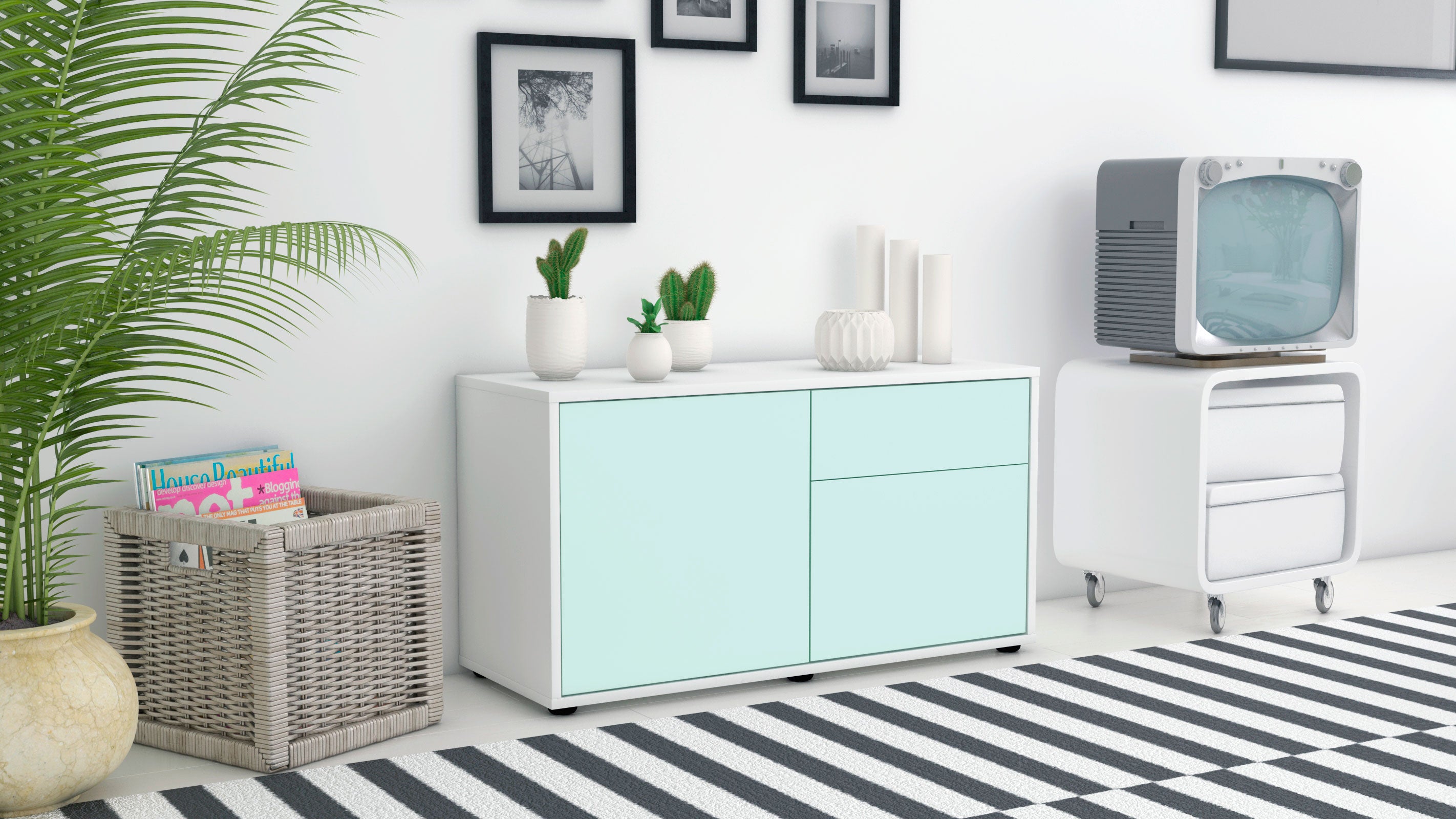 Lowboard - Aja - Design Farbakzent - Freistehend mit Push to Open 92 cm Weiss
