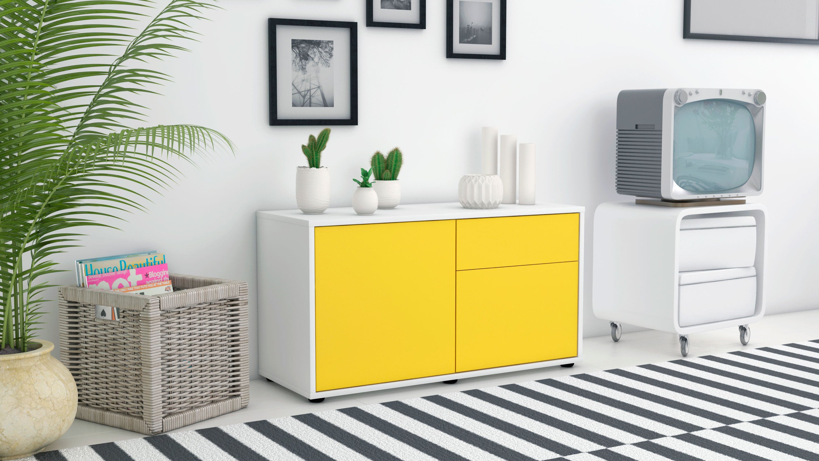 Lowboard - Aja - Design Farbakzent - Freistehend mit Push to Open 92 cm Weiss