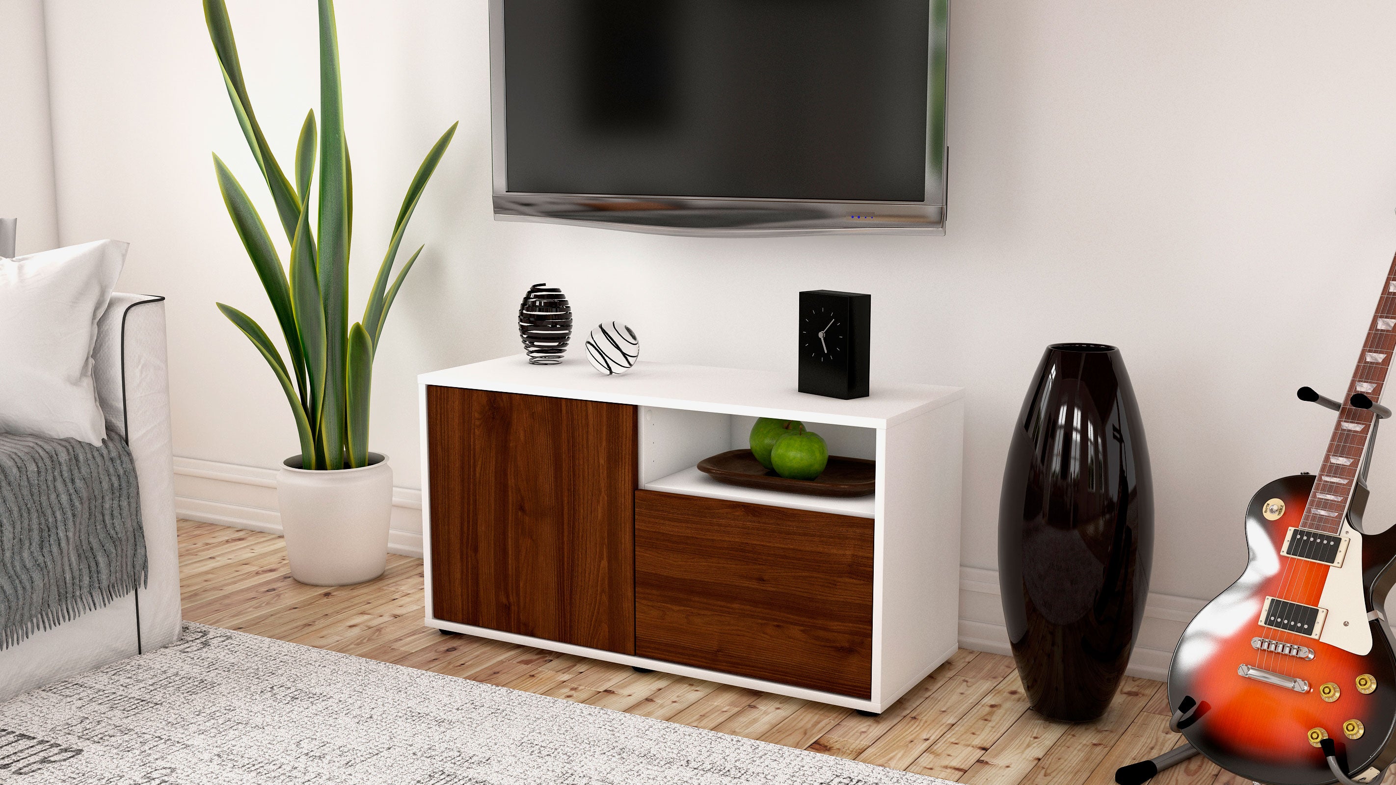 Lowboard - Ajda - Design Holzdekor - Freistehend mit Push to Open 92 cm Weiss
