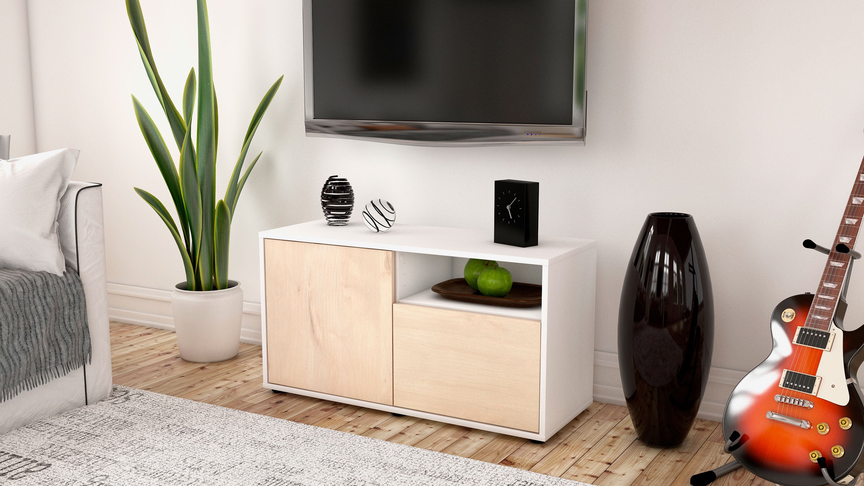 Lowboard - Ajda - Design Holzdekor - Freistehend mit Push to Open 92 cm Weiss