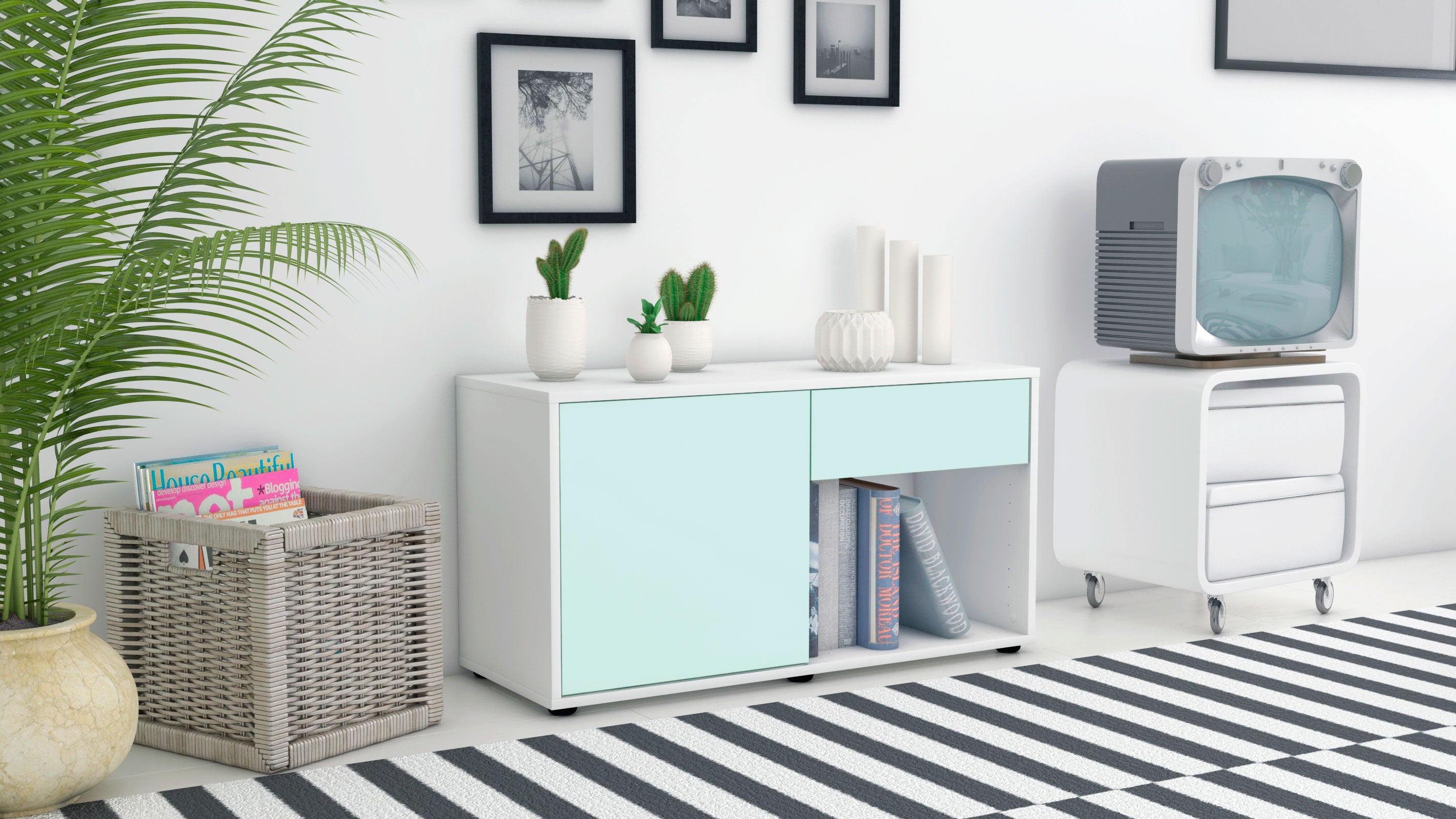 Lowboard - Alberina - Design Farbakzent - Freistehend mit Push to Open 92 cm Weiss