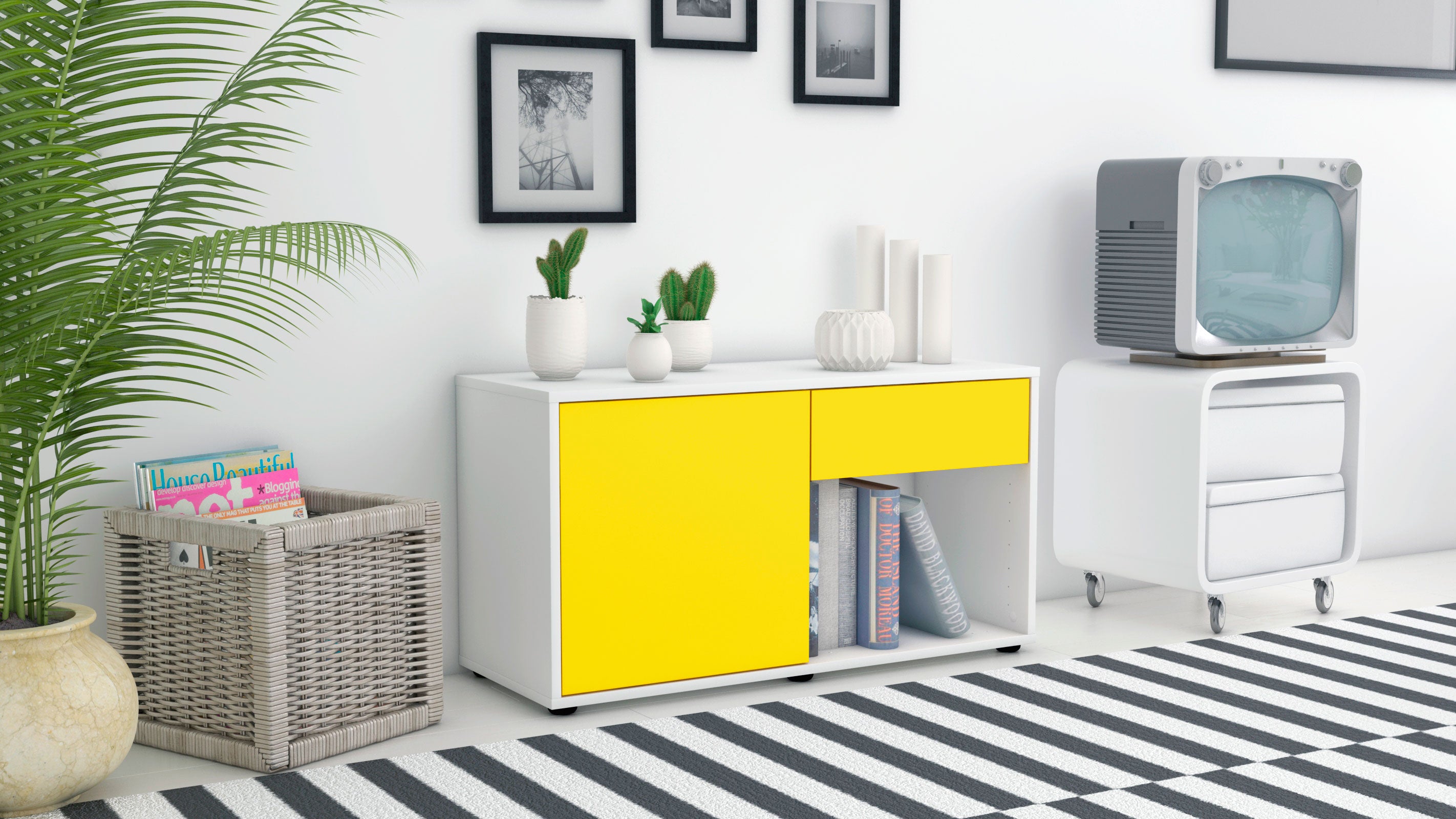 Lowboard - Alberina - Design Farbakzent - Freistehend mit Push to Open 92 cm Weiss