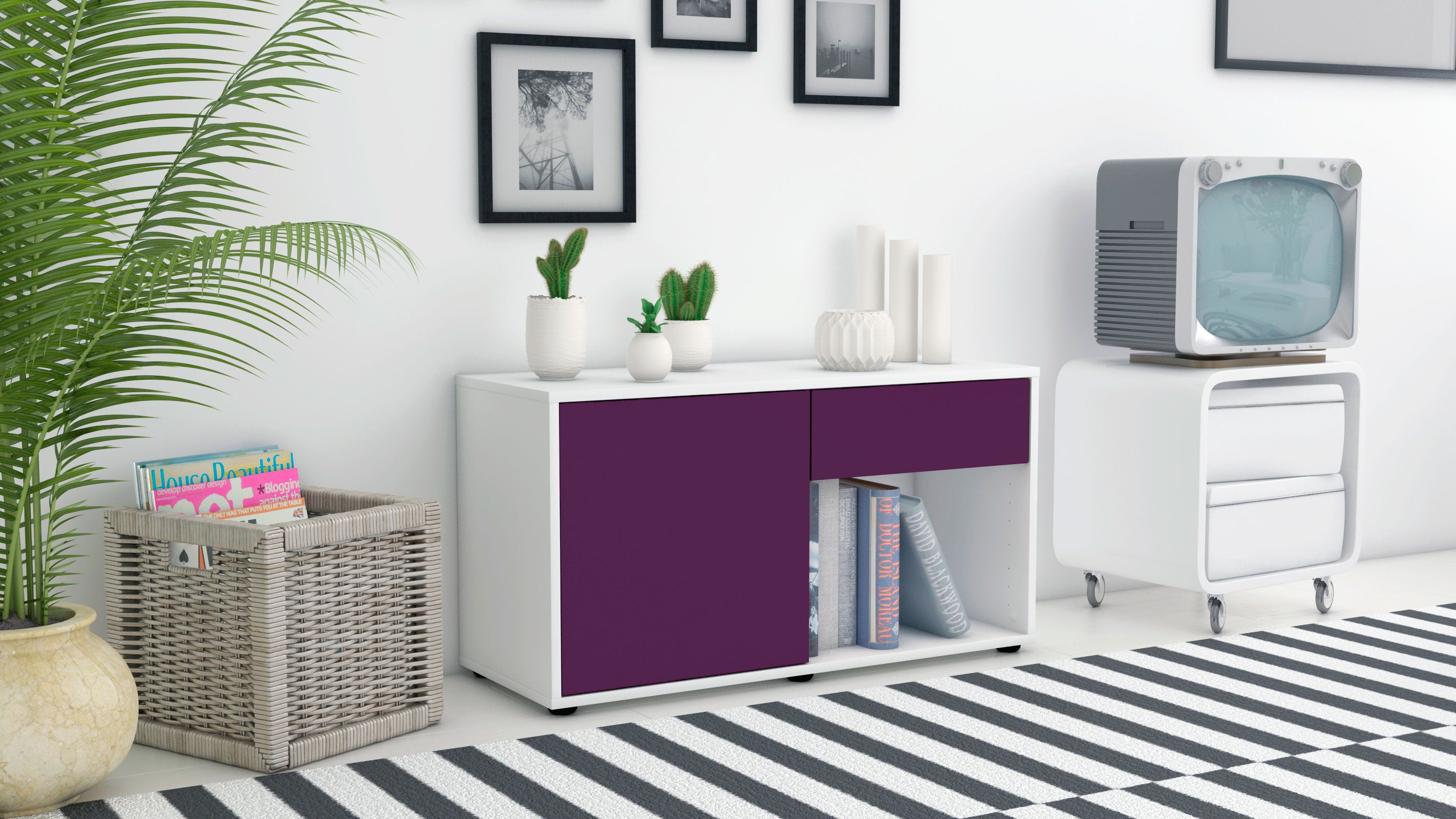 Lowboard - Alberina - Design Farbakzent - Freistehend mit Push to Open 92 cm Weiss