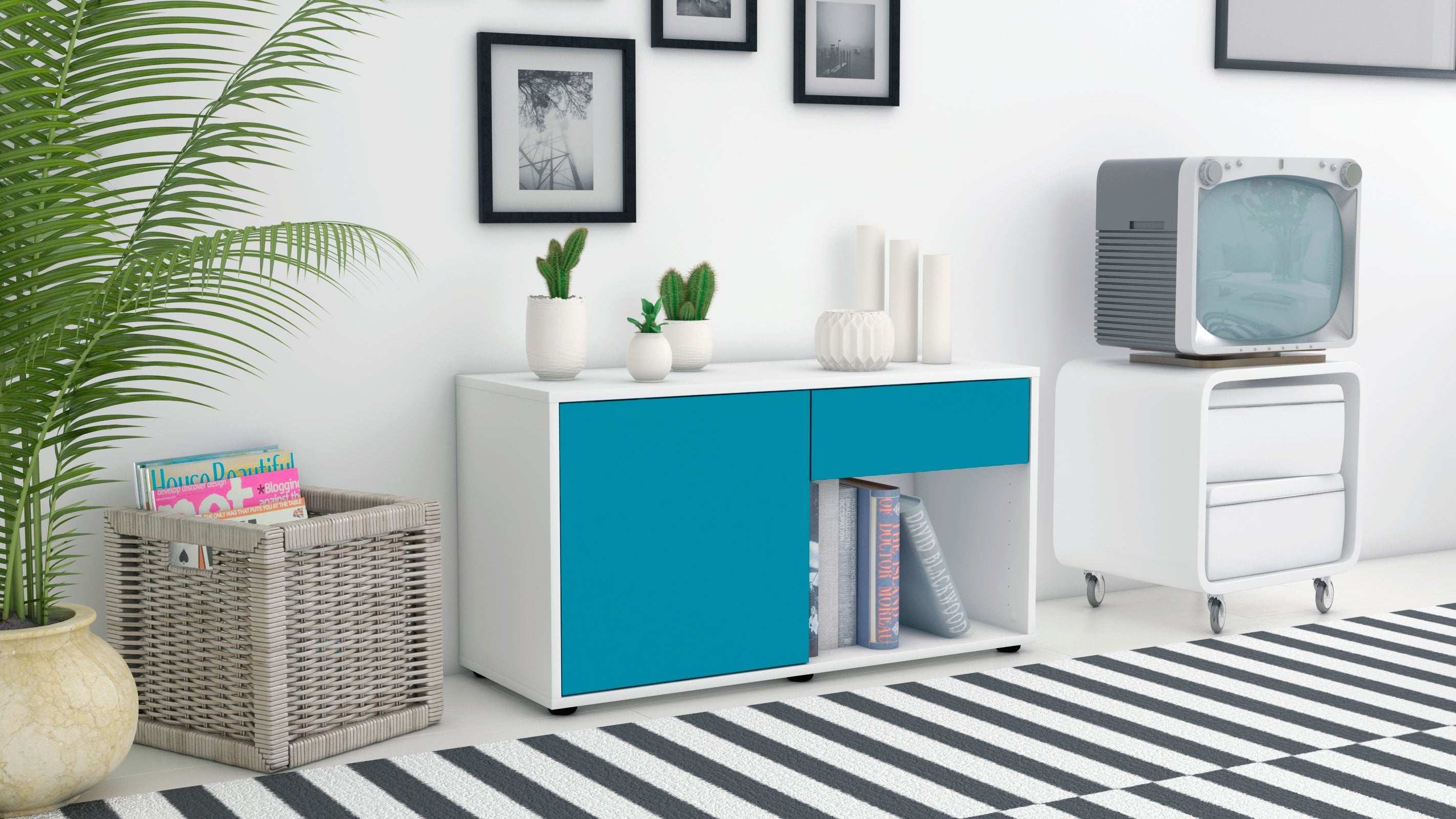 Lowboard - Alberina - Design Farbakzent - Freistehend mit Push to Open 92 cm Weiss