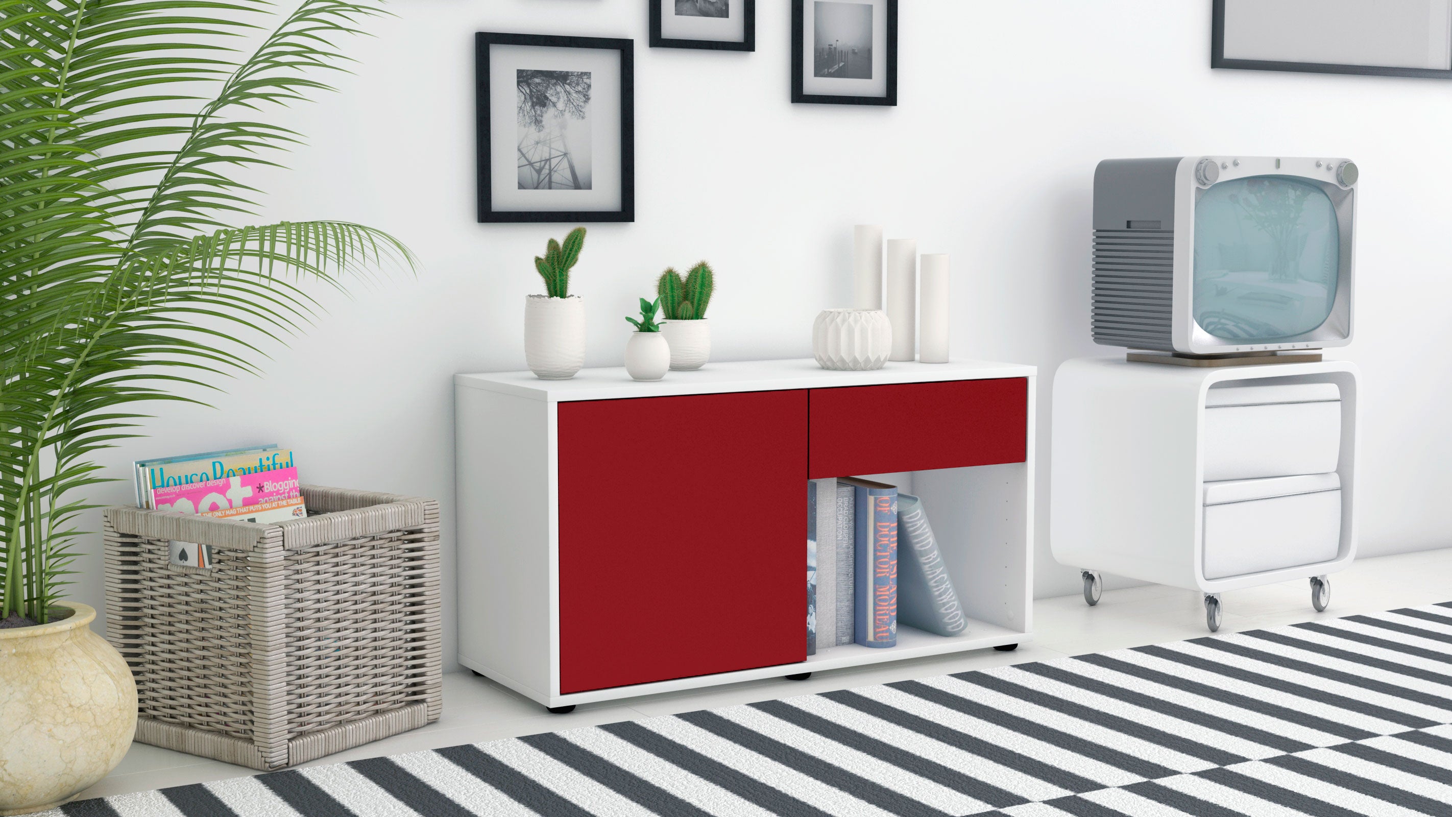 Lowboard - Alberina - Design Farbakzent - Freistehend mit Push to Open 92 cm Weiss