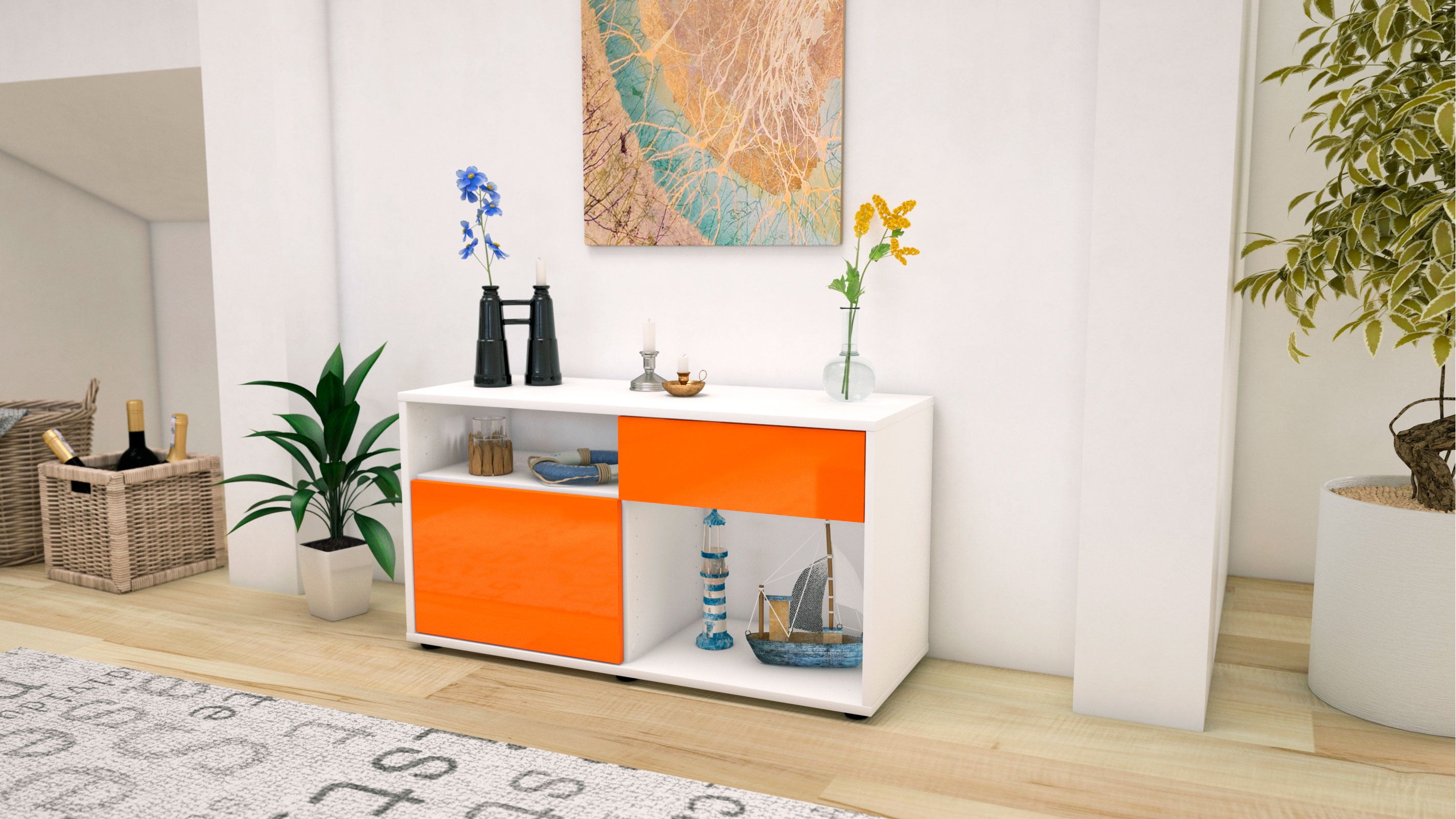Lowboard - Alecia - Design Hochglanz - Freistehend mit Push to Open 92 cm Weiss