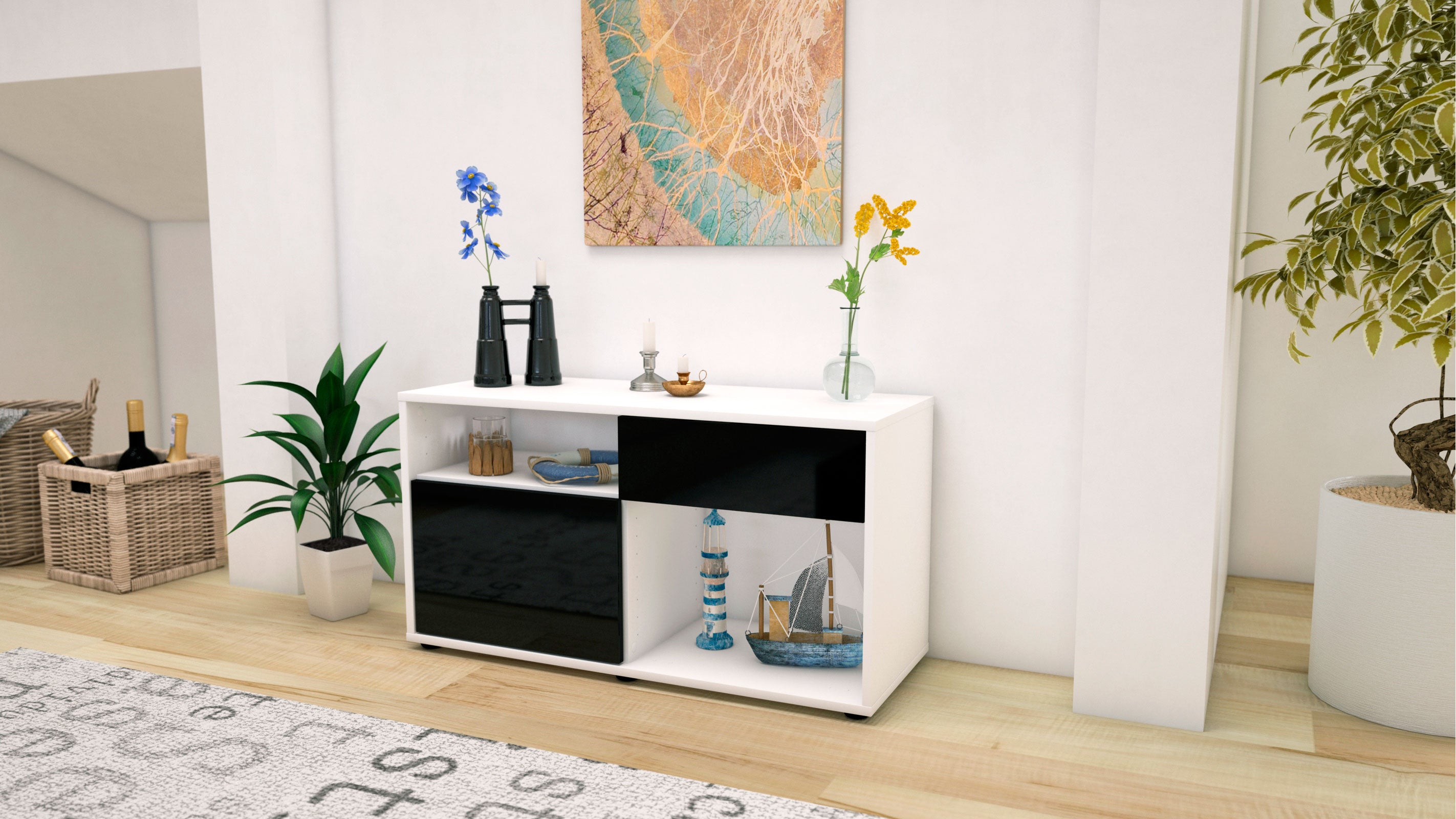 Lowboard - Alecia - Design Hochglanz - Freistehend mit Push to Open 92 cm Weiss