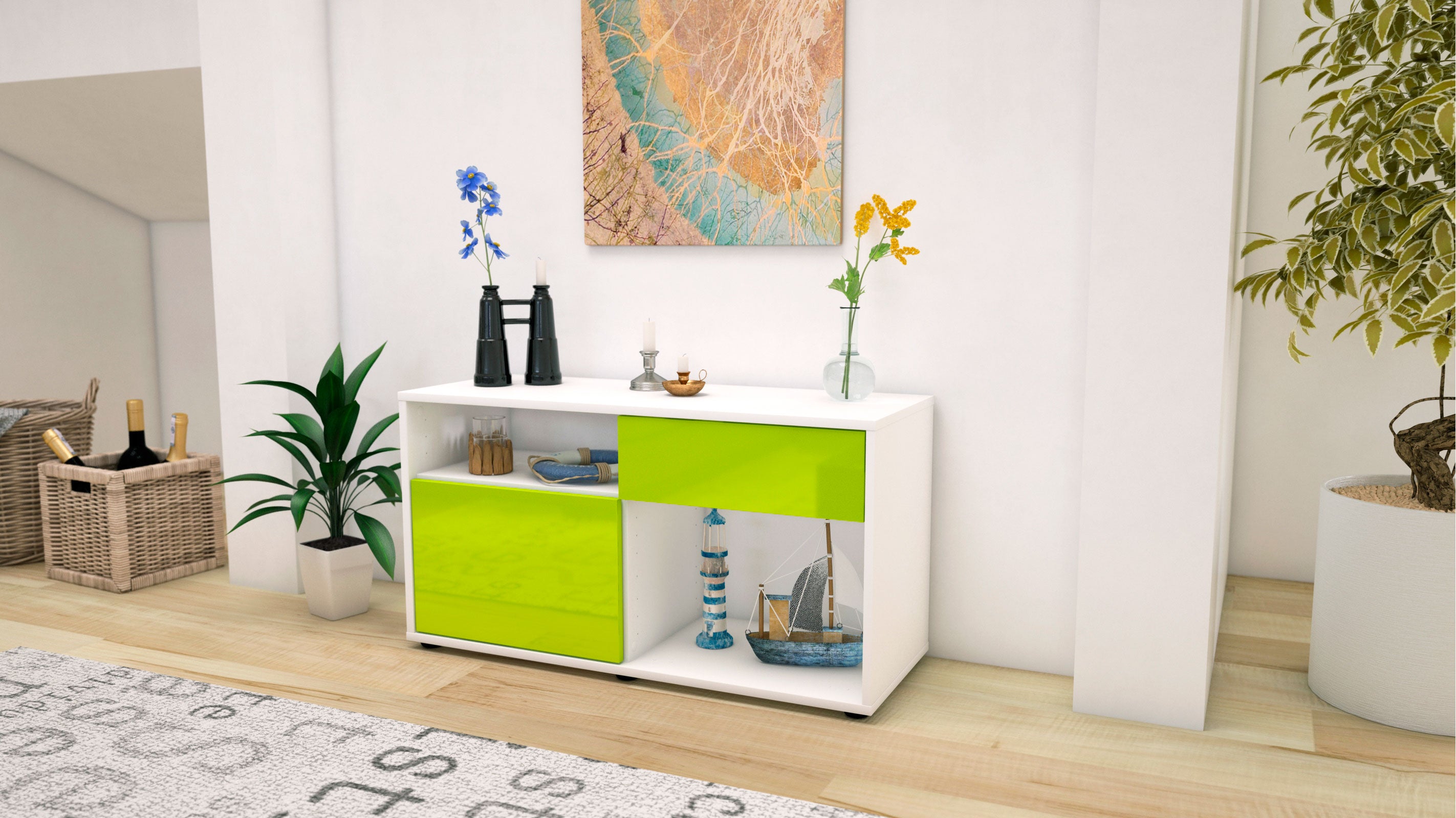 Lowboard - Alecia - Design Hochglanz - Freistehend mit Push to Open 92 cm Weiss