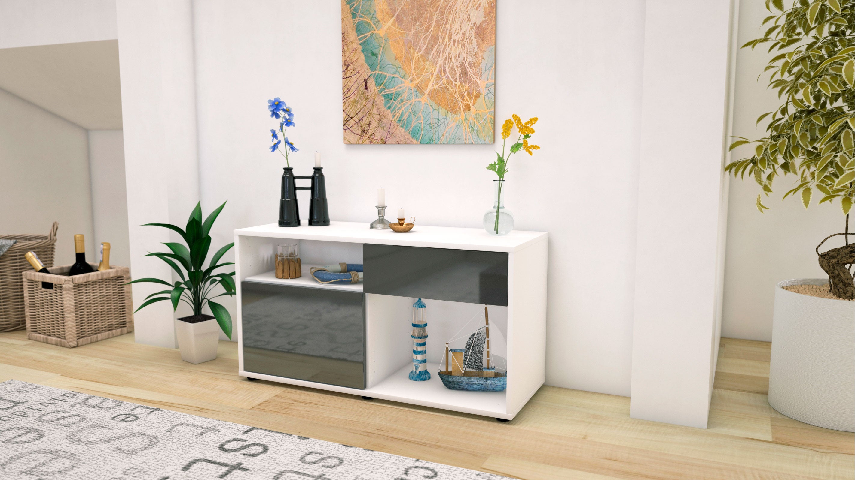 Lowboard - Alecia - Design Hochglanz - Freistehend mit Push to Open 92 cm Weiss