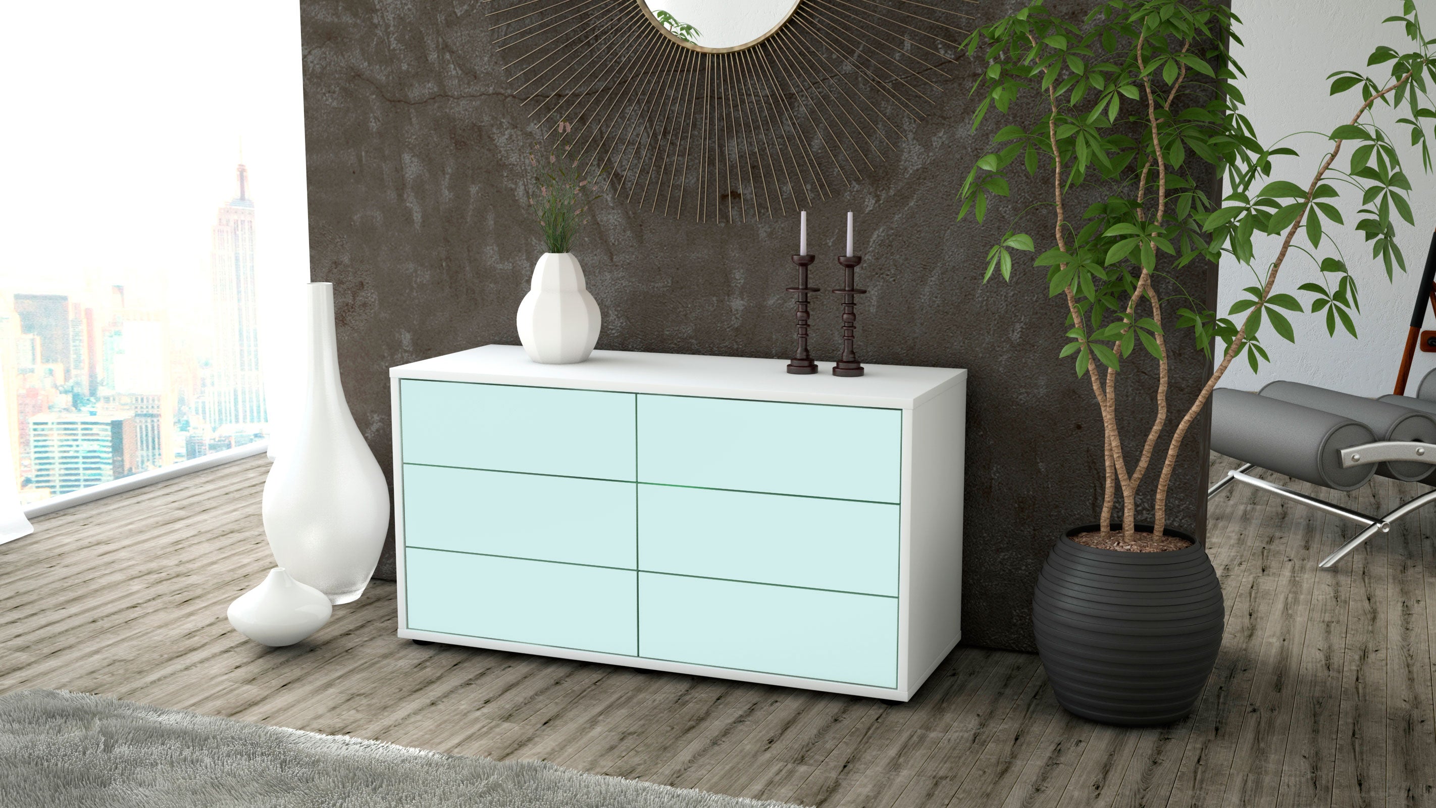 Lowboard - Alfonsa - Design Farbakzent - Freistehend mit Push to Open 92 cm Weiss